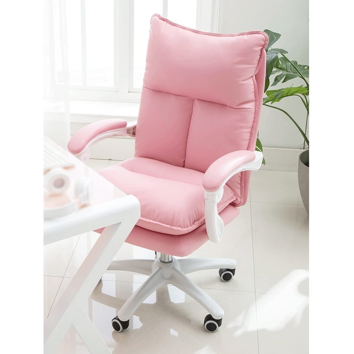 Home Office Chair Video Game Chair with Footrest Ergonomic Reclining Leather Desk Chairs Computer Gaming Chair (Color : Pink) (Beige) - Flex Gamingproduct_type