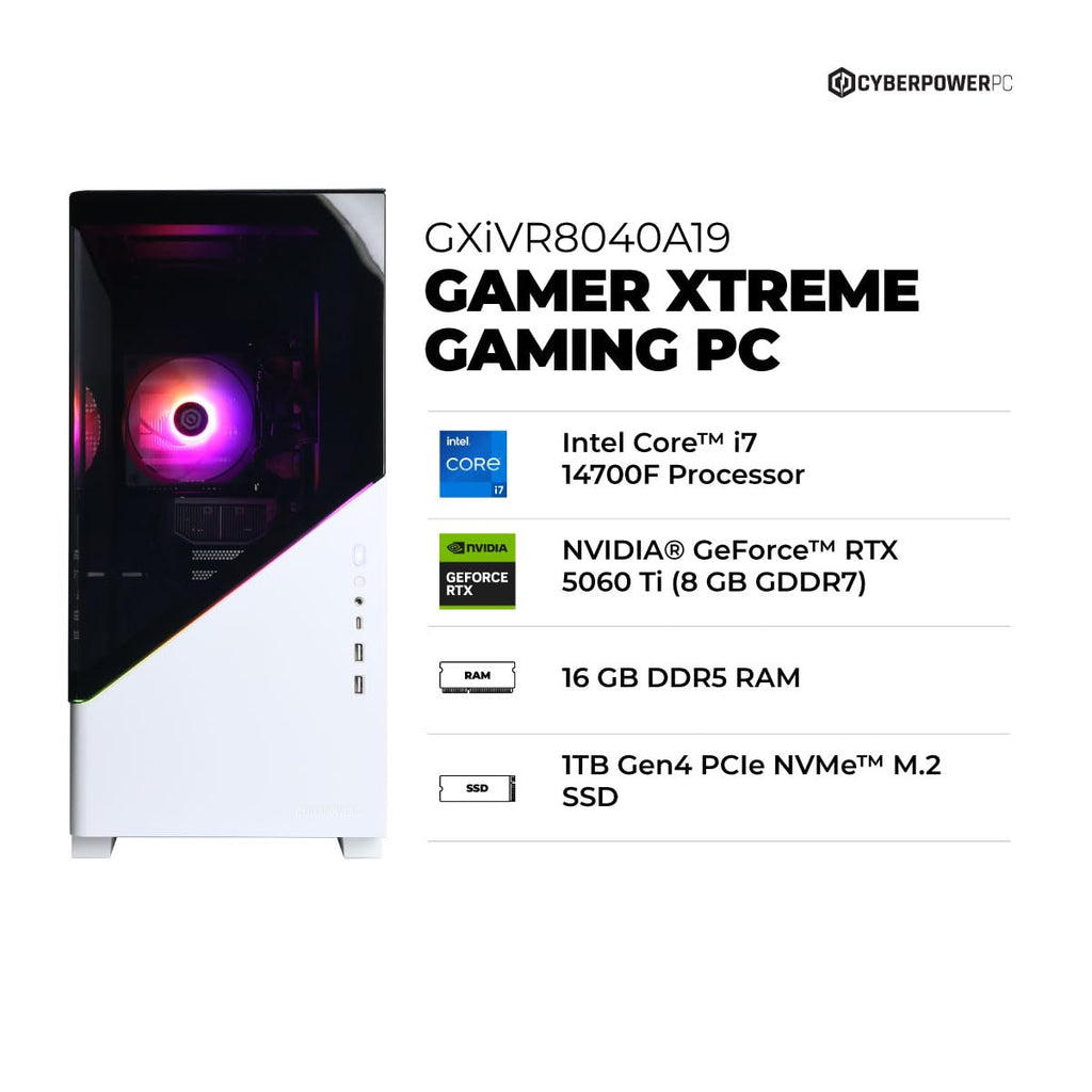 CyberPowerPC Gaming PC, Intel Core i7-14700F, GeForce RTX 5060 Ti 8GB | Gamer Xtreme, 16GB DDR5, 1TB PCIe 4.0 SSD, WiFi Ready & Windows 11 Home (GXiVR8040A19) - Flex Gamingproduct_type
