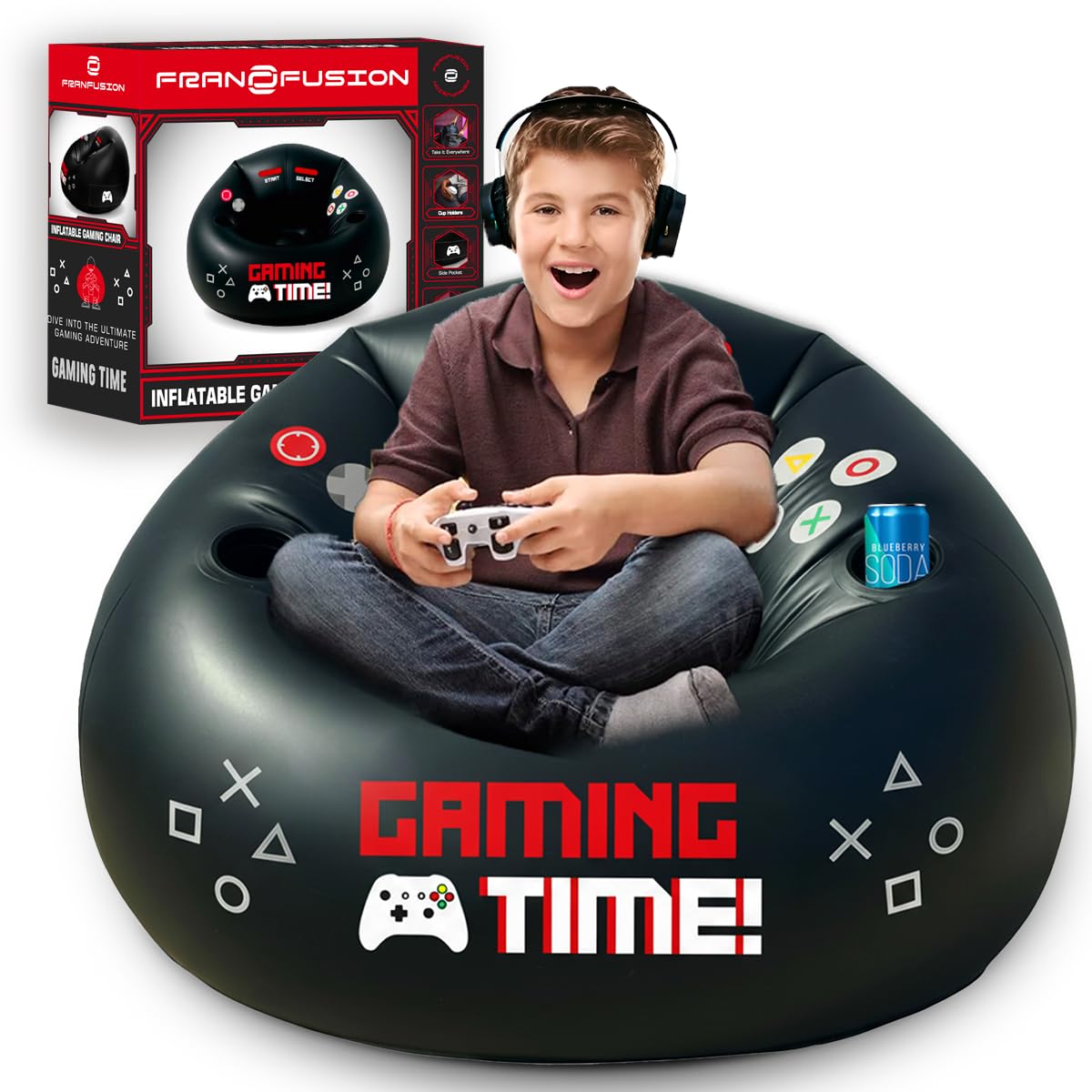 Inflatable Gaming Chair for Kids & Teens with Cup Holders and Side Pocket - This Air Gaming Bean Bag Chairs for kids is The Perfect Furniture for Gamer Room Decor - Perfect Gaming Stuff for boys 4-12 - Flex Gamingproduct_type