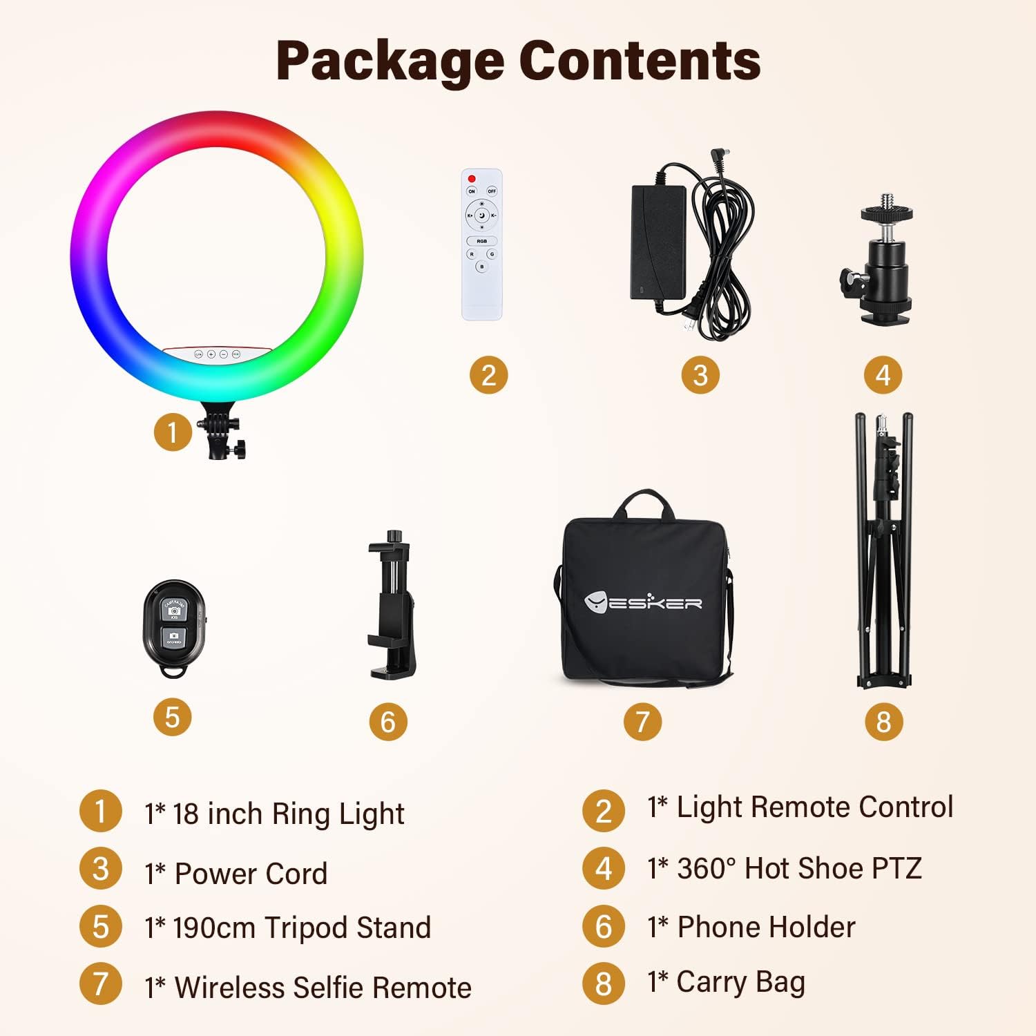 Yesker Ring Light with Tripod Stand and Phone Holder 18 Inch RGB Ringlight 25 RGB Modes Bi-Color Adjustable 2700–7000K LED Selfie Halo Light Kit for Live Stream Photography Zoom Makeup Youtobe Tiktok