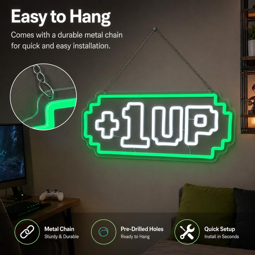 1UP Arcade Neon Sign For Wall Decor,USB Powered Led Neon Light For Game Room,Man Cave, Basement Home,Playroom,Birthday Gifts For Teens 16.9 * 7.1 inch