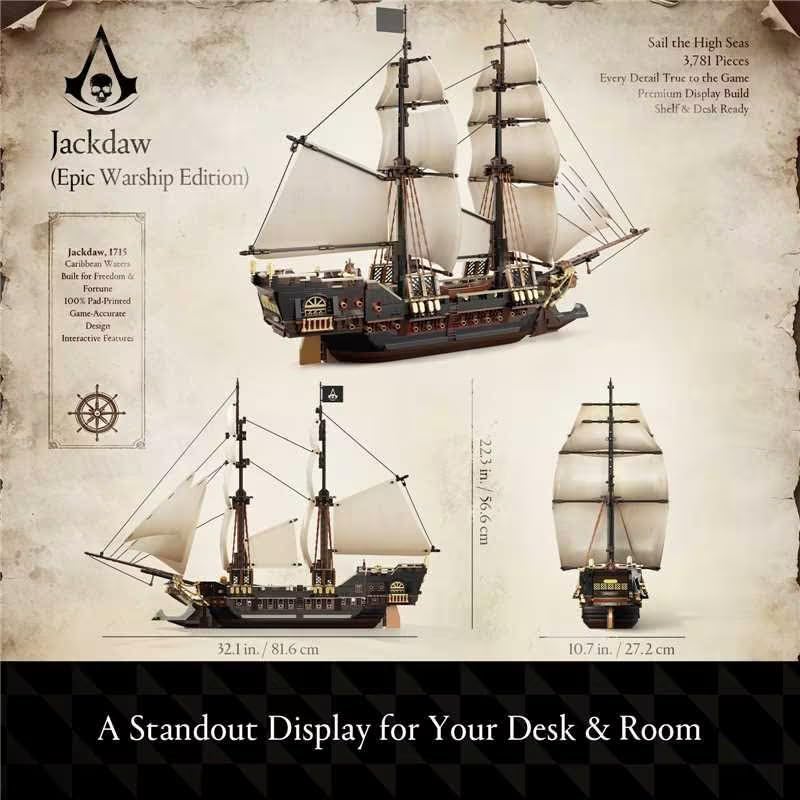 Wise Block Assassin's Creed Black Flag Jackdaw Pirate Ship Building Set | 3781 Pcs Epic Warship Edition Large Model Ship Kit HA395107, Gifts for Adult Collections Enthusiasts, 8 Minifigures Decorate