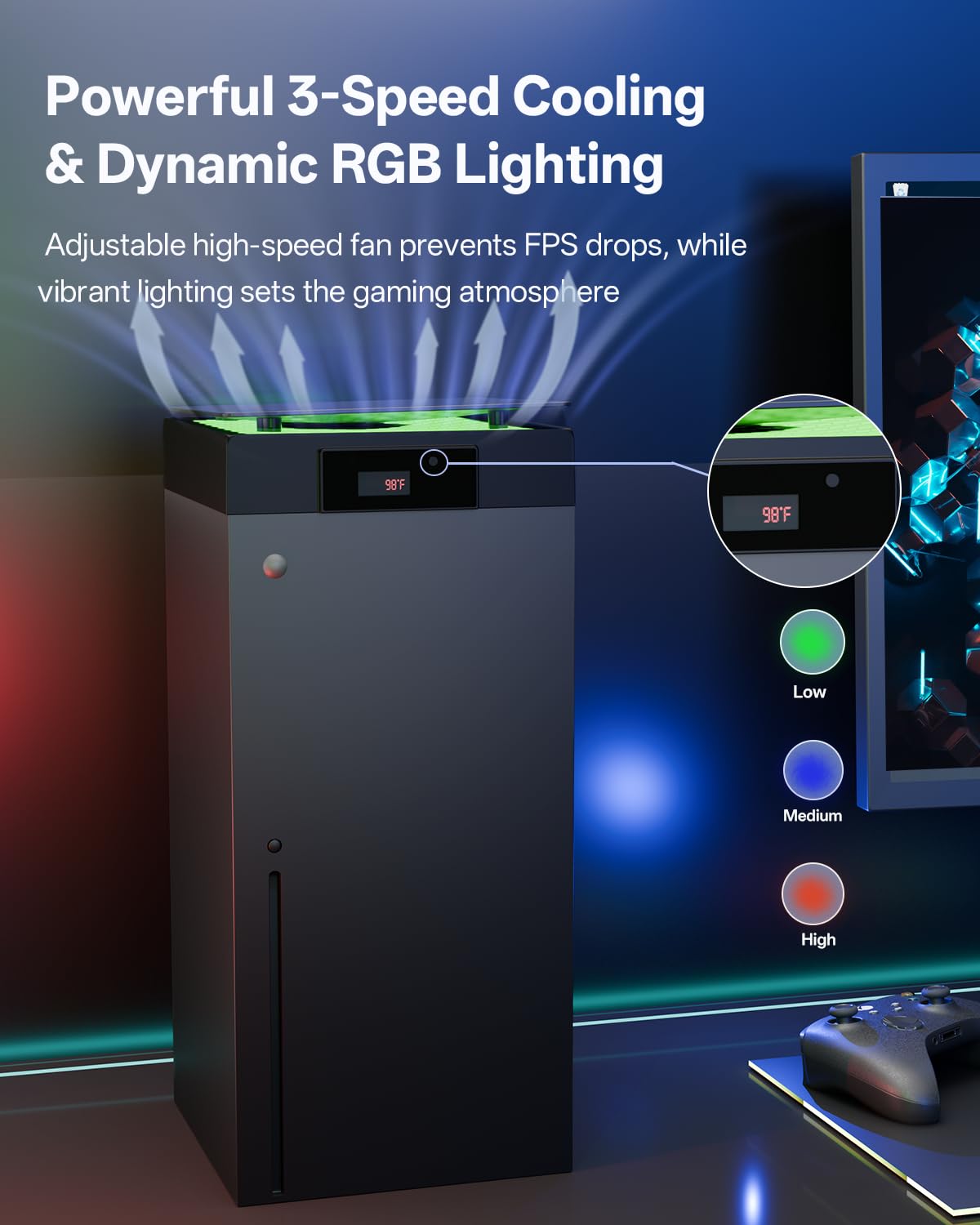 DEPGI Cooling Fan for Xbox Series x, Featuring Automatic Fan Speed Adjustment Based on Temperature, LED Display Screen, Low Noise, Easy Installation, 3 speeds, with RGB LED - Flex Gamingproduct_type