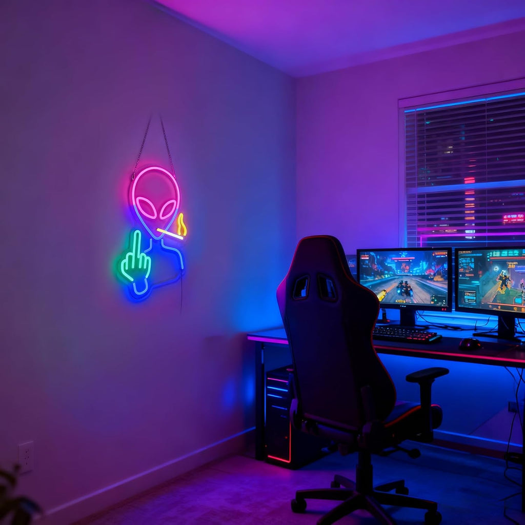 Alien Neon Sign for Wall Decor - Dimmable LED Light | 6.5ft USB Powered Edgy Decor with Hanging Chain - Perfect for Gaming Room, Man Cave & Rebel Decorations, 15.7" x 11.4"