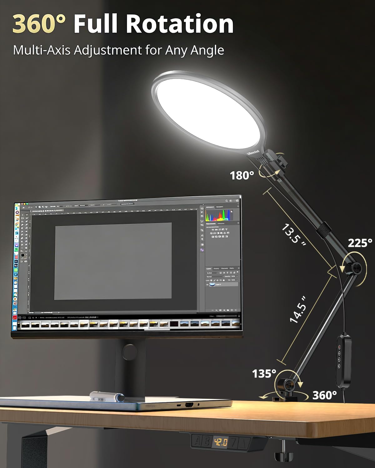 UBeesize 10" Desk Ring Light with Stand, Multi-Angle Adjustable Arm with C-Clamp for Home Office, Streaming Light with Inline Control for Video Conference, Podcast, Gaming, Recording, Live Streams - Flex Gamingproduct_type