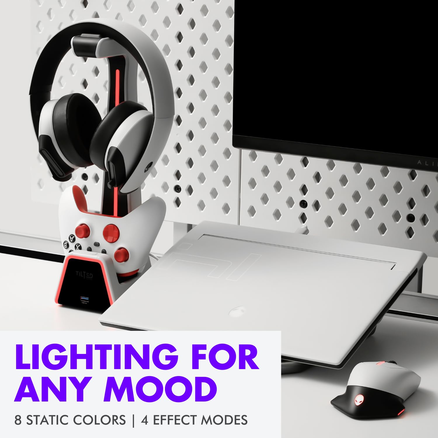 Tilted Nation 3 in 1 Gaming Headset and Controller Stand for PS5 and Xbox Series X Charging Station - Game Controller Holder and Headphone Stand for Desk with PlayStation and Xbox Magnetic Charger - Flex Gamingproduct_type