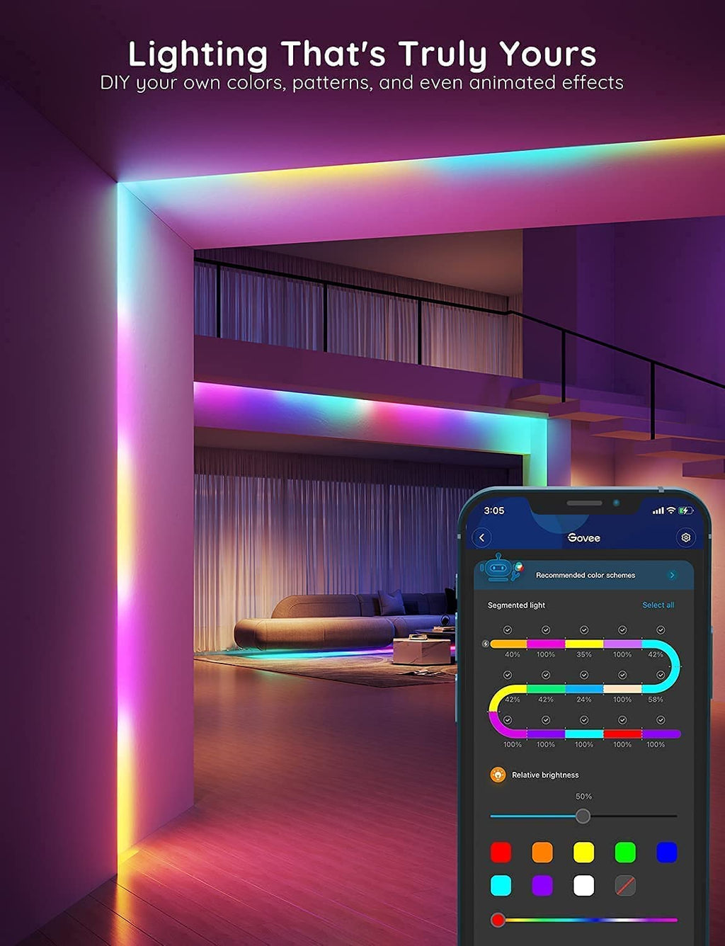 Govee Tira de luces LED RGBIC, luces LED inteligentes para recámara, luces LED Bluetooth con control de aplicación, múltiples colores en una línea, luces LED que cambian de color, sincronización de - Flex Gamingproduct_type