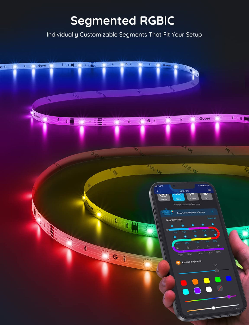 Govee Tira de luces LED RGBIC, luces LED inteligentes para recámara, luces LED Bluetooth con control de aplicación, múltiples colores en una línea, luces LED que cambian de color, sincronización de - Flex Gamingproduct_type