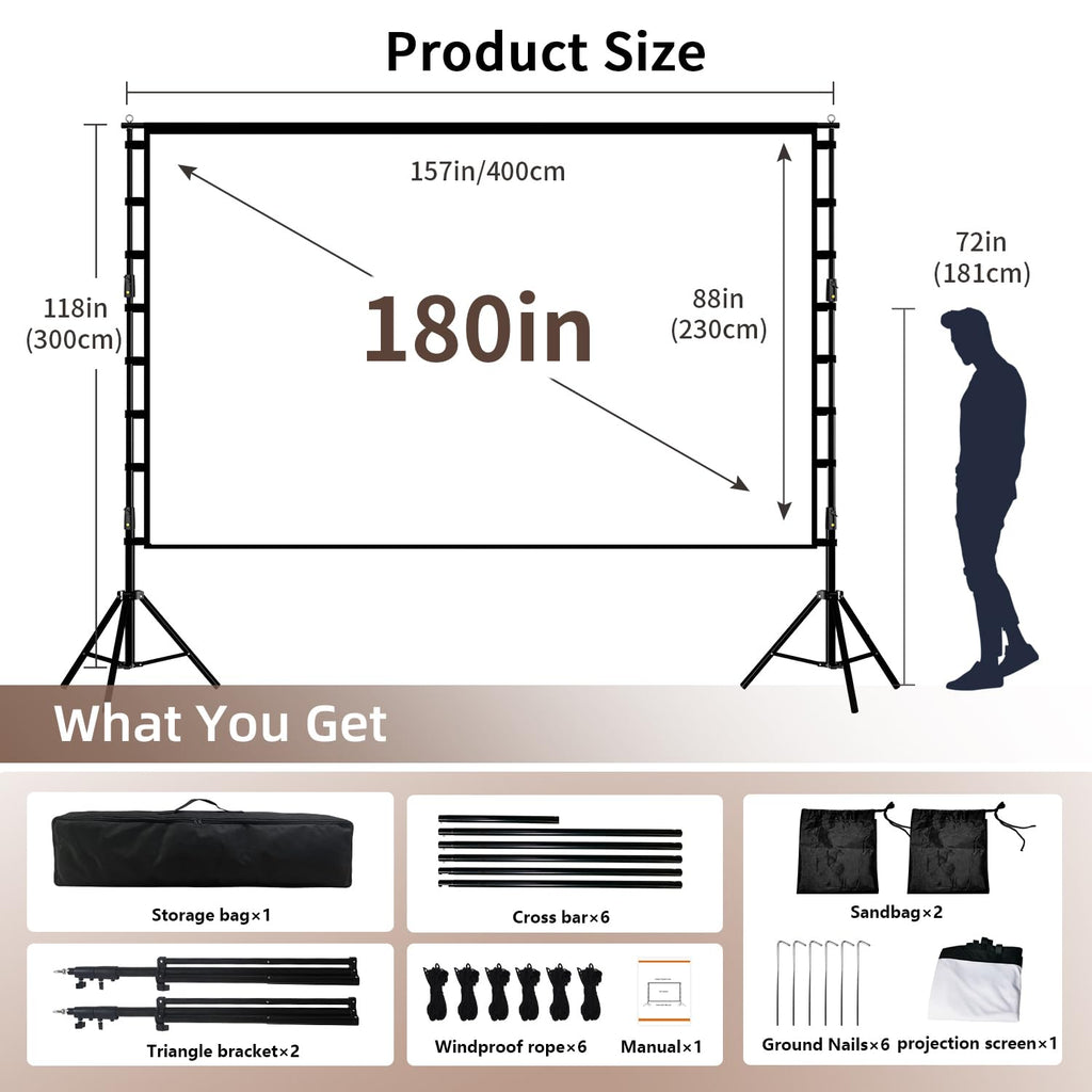 Wootfairy 180inch Projector Screen with Stand: Portable Wrinkle-Free Screen | Foldable 16:9 4K HD Front Rear Projection Movie Screen with Carry Bag for Indoor Outdoor Backyard Family Live Sports Night - Flex Gamingproduct_type