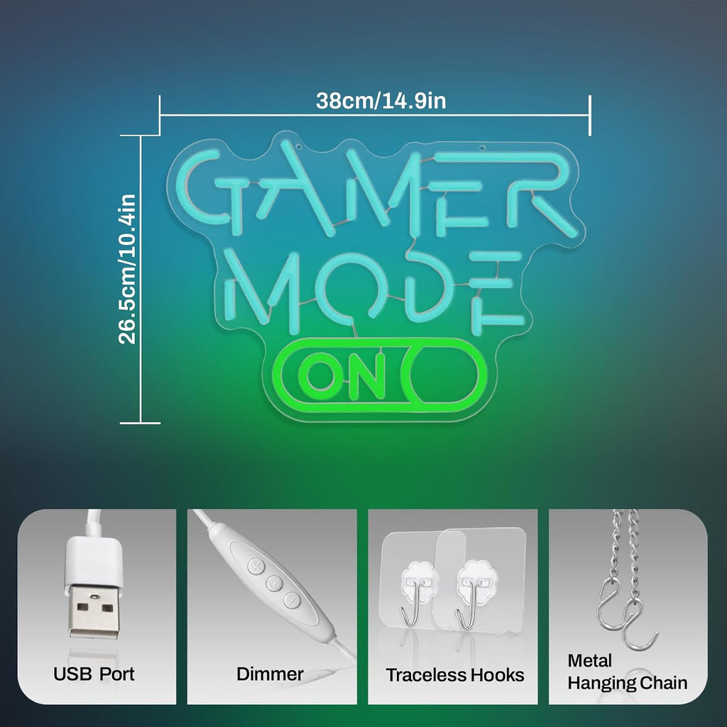 Gamer Mode Neon Sign for Gaming Room Decor, USB Powered LED Wall Light with Dimmer, Cool Gamer Setup Accessories for Bedroom, Streamer Background, Teen Boy Game Room, Man Cave