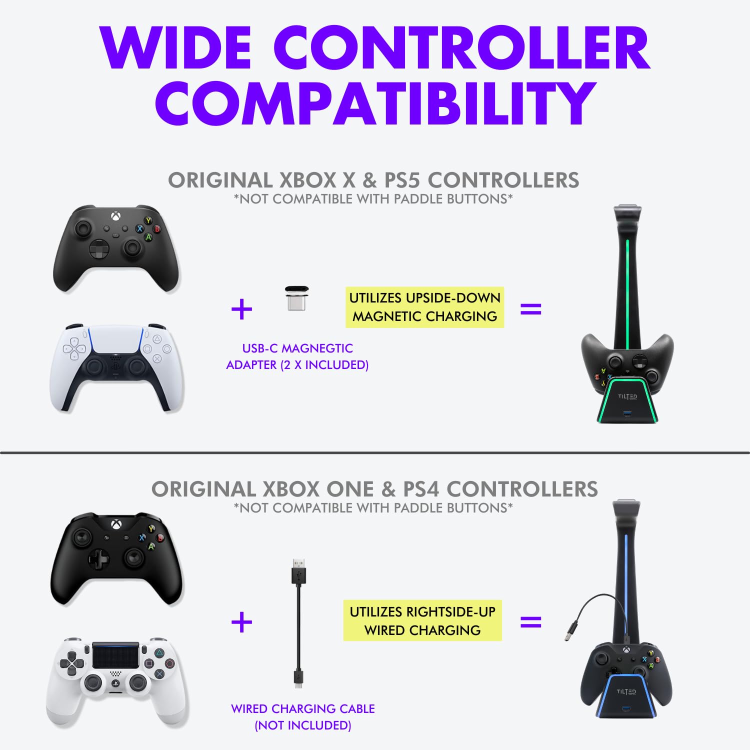 Tilted Nation 3 in 1 Gaming Headset and Controller Stand for PS5 and Xbox Series X Charging Station - Game Controller Holder and Headphone Stand for Desk with PlayStation and Xbox Magnetic Charger - Flex Gamingproduct_type
