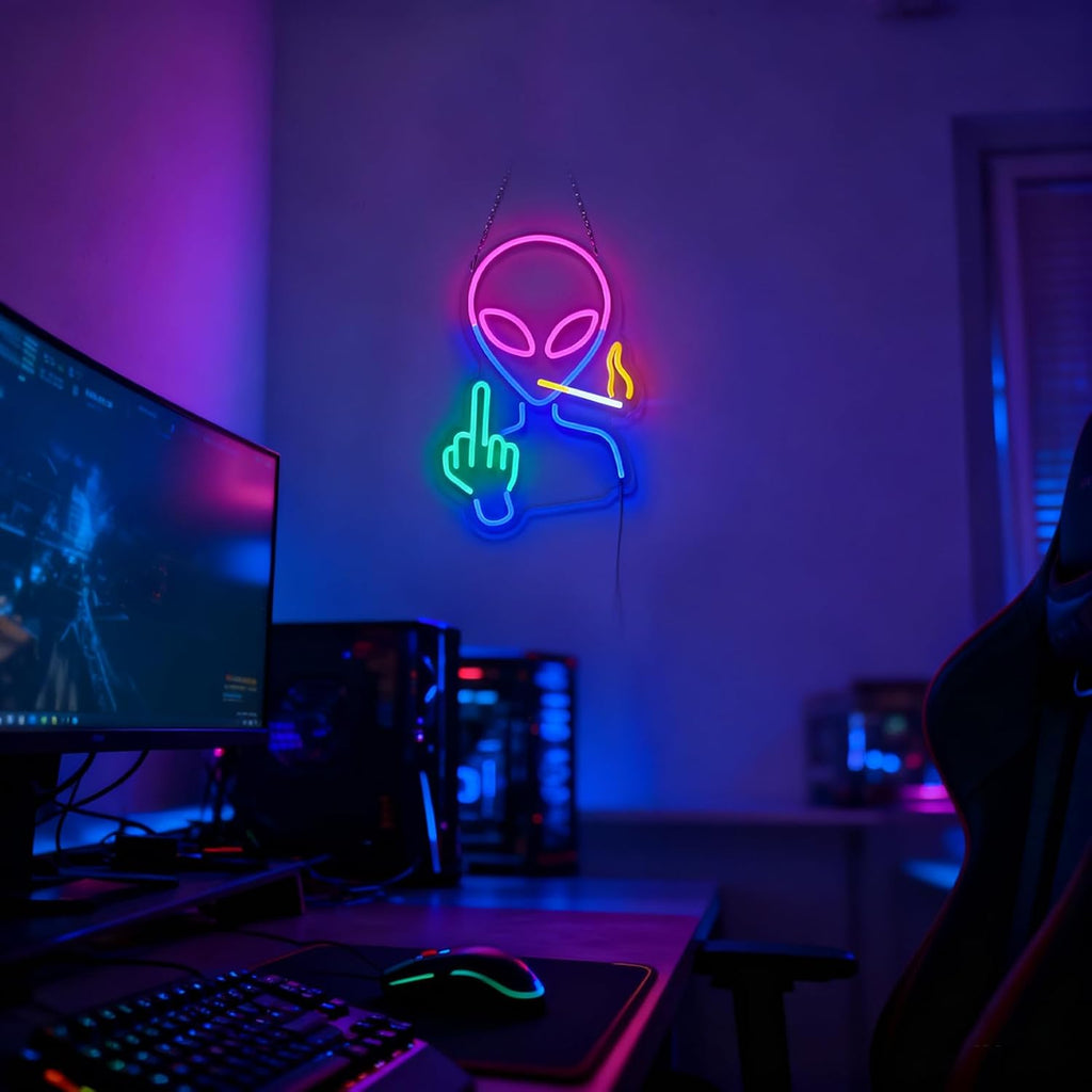 Alien Neon Sign for Wall Decor - Dimmable LED Light | 6.5ft USB Powered Edgy Decor with Hanging Chain - Perfect for Gaming Room, Man Cave & Rebel Decorations, 15.7" x 11.4"