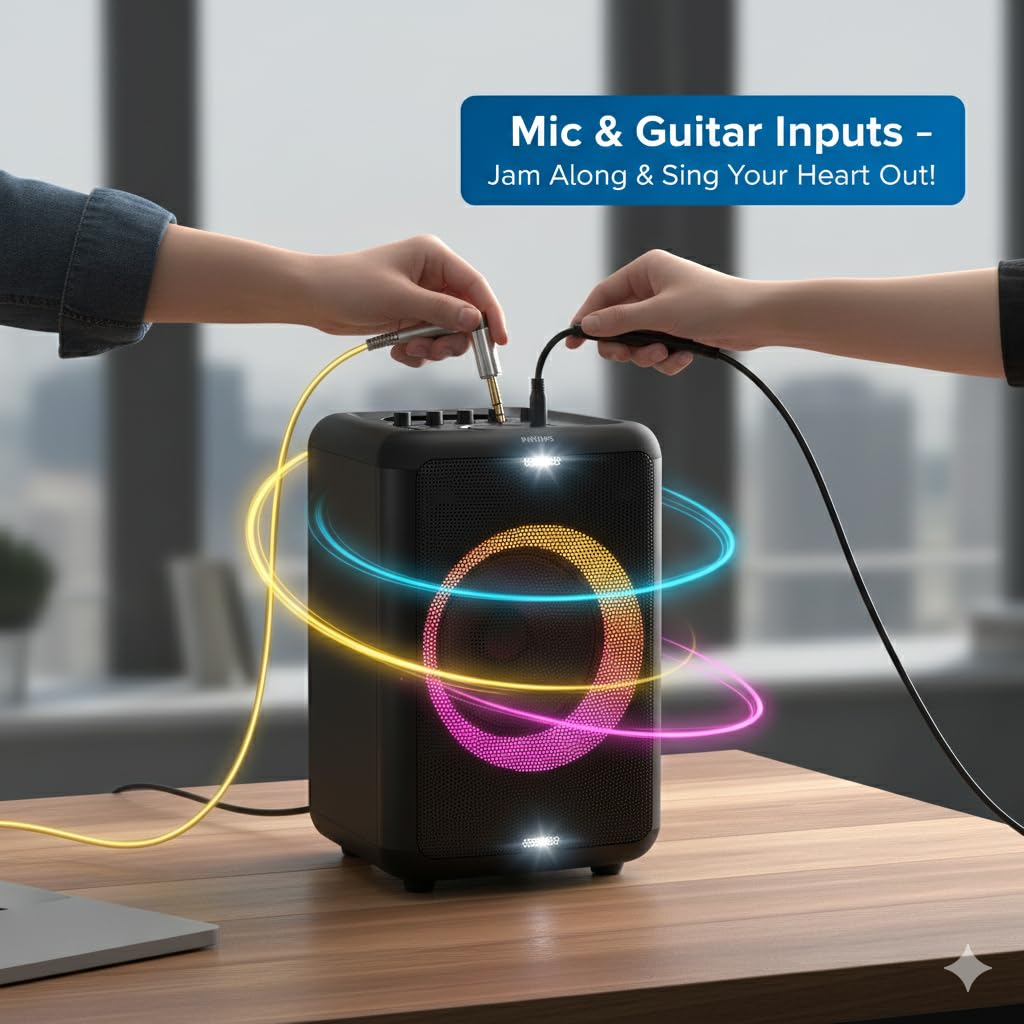 Philips X5206 Bluetooth Party Speaker - 14 Hours Play Time, Deep Bass, Party Lights, Karaoke Effects, Mic & Guitar Input, 80W Max Power, Black