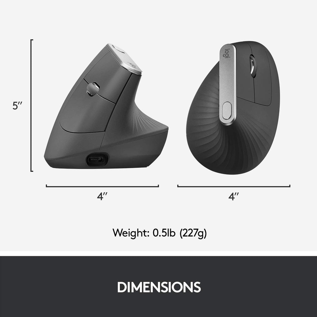 Logitech MX Vertical Wireless Mouse – Ergonomic Design Reduces Muscle Strain, Move Content Between 3 Windows and Apple Computers, Rechargeable, Graphite - Flex Gamingproduct_type