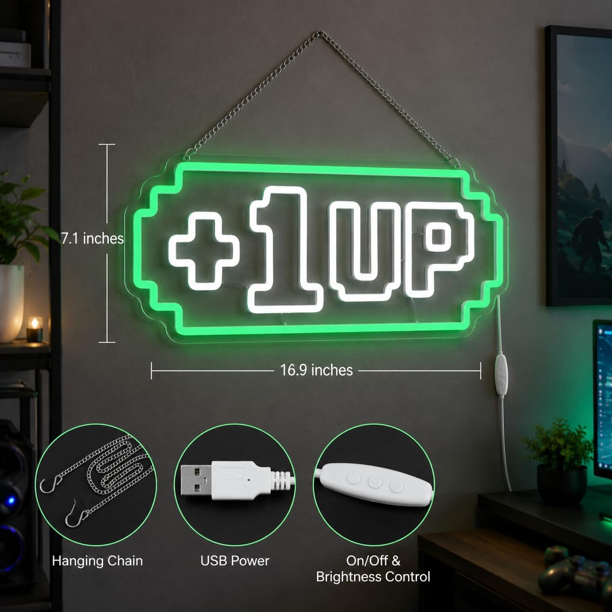 1UP Arcade Neon Sign For Wall Decor,USB Powered Led Neon Light For Game Room,Man Cave, Basement Home,Playroom,Birthday Gifts For Teens 16.9 * 7.1 inch
