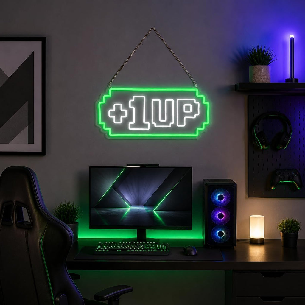 1UP Arcade Neon Sign For Wall Decor,USB Powered Led Neon Light For Game Room,Man Cave, Basement Home,Playroom,Birthday Gifts For Teens 16.9 * 7.1 inch