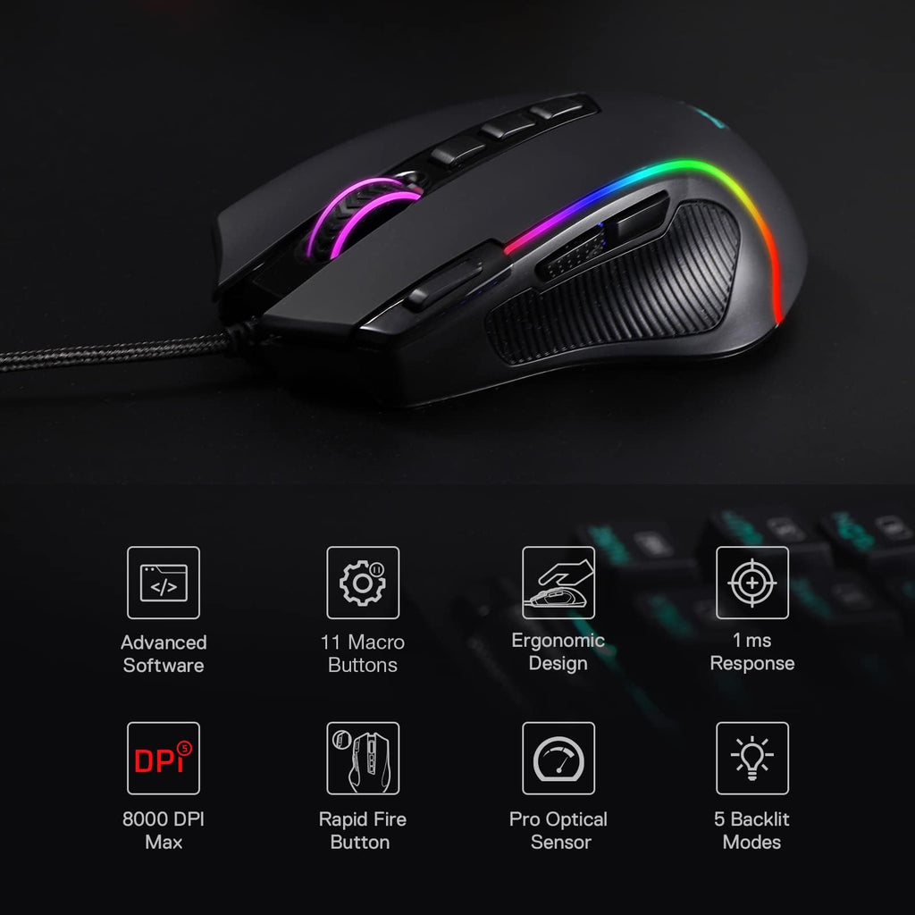 Redragon M612 Predator RGB Gaming Mouse, 8000 DPI Wired Optical Mouse with 11 Programmable Buttons & 5 Backlit Modes, Software Supports DIY Keybinds Rapid Fire Button - Flex Gamingproduct_type