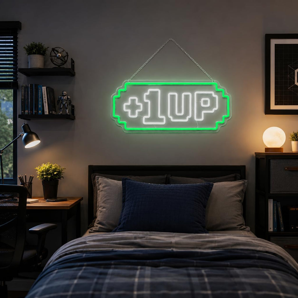 1UP Arcade Neon Sign For Wall Decor,USB Powered Led Neon Light For Game Room,Man Cave, Basement Home,Playroom,Birthday Gifts For Teens 16.9 * 7.1 inch