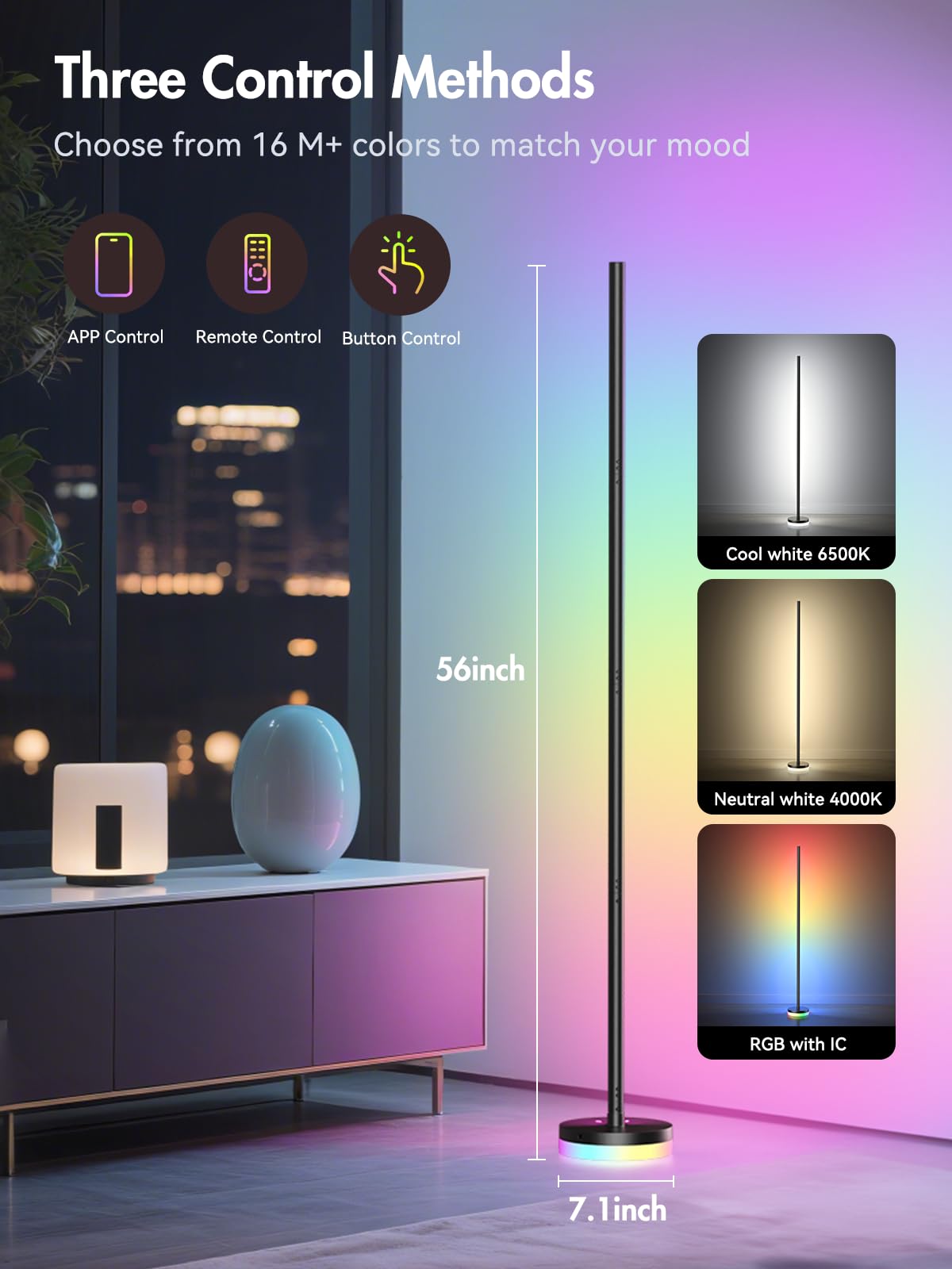OIYN Corner Floor Lamp, RGBICW LED Corner Lamp with 1300lm Smart Modern Floor Lamp,App & Remote Control,Music Sync,Color Changing Standing Lamp for Bedroom Living Room and Gaming Rooms - Flex Gamingproduct_type