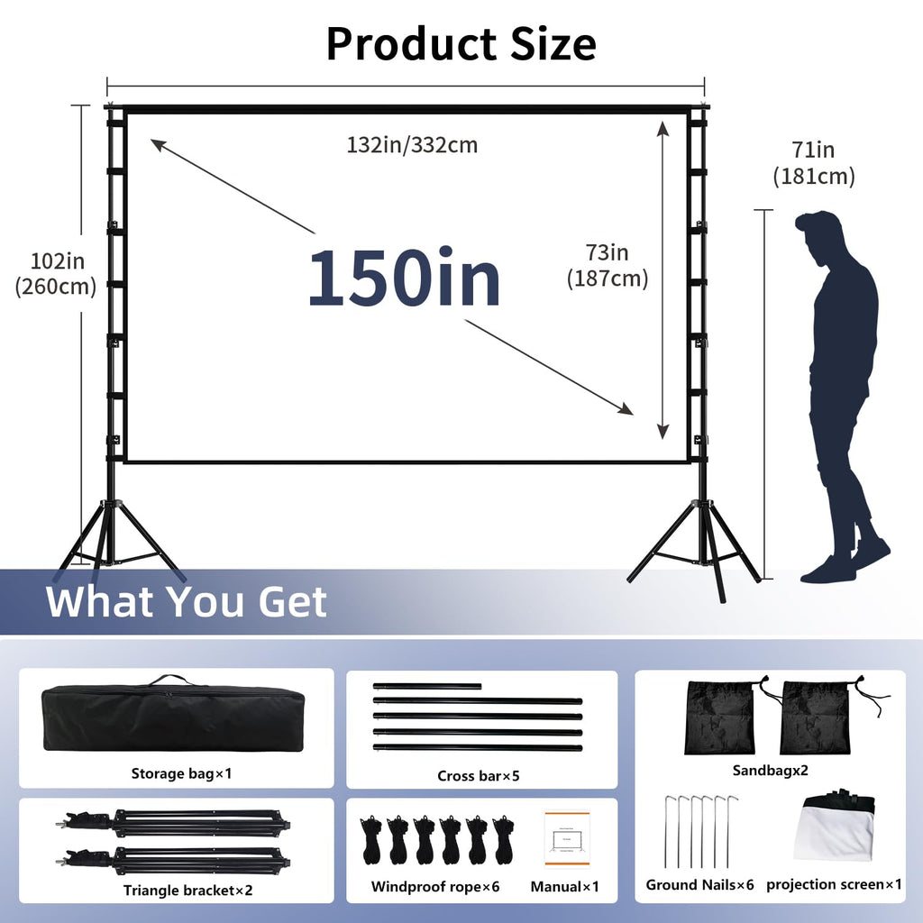 Wootfairy 180inch Projector Screen with Stand: Portable Wrinkle-Free Screen | Foldable 16:9 4K HD Front Rear Projection Movie Screen with Carry Bag for Indoor Outdoor Backyard Family Live Sports Night - Flex Gamingproduct_type