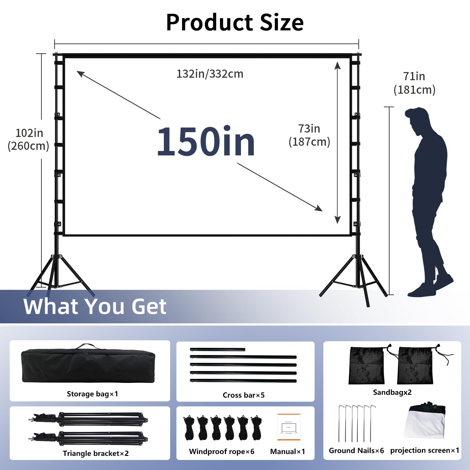 Wootfairy 180inch Projector Screen with Stand: Portable Wrinkle-Free Screen | Foldable 16:9 4K HD Front Rear Projection Movie Screen with Carry Bag for Indoor Outdoor Backyard Family Live Sports Night - Flex Gamingproduct_type
