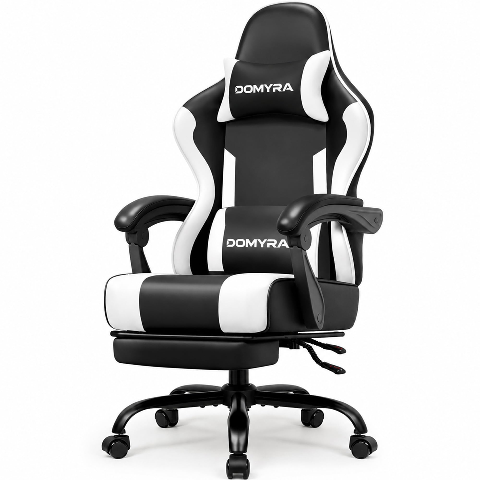 Gaming Chair Gamer Game Ergonomic with Footstool Lumbar Support Deep Black | Headrest, Height and Backrest Adjustable, Deep Black Leather, 210 KG Heavy Duty Load Capacity 52cm Wingless Cushion - Flex Gamingproduct_type