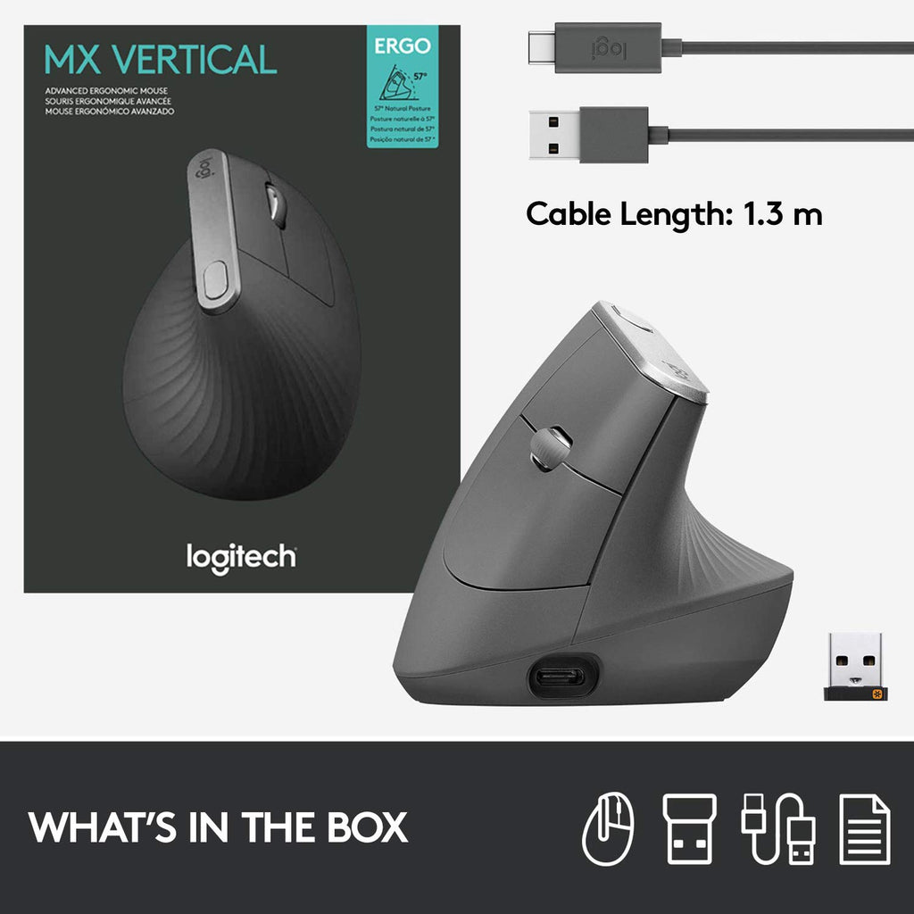 Logitech MX Vertical Wireless Mouse – Ergonomic Design Reduces Muscle Strain, Move Content Between 3 Windows and Apple Computers, Rechargeable, Graphite - Flex Gamingproduct_type