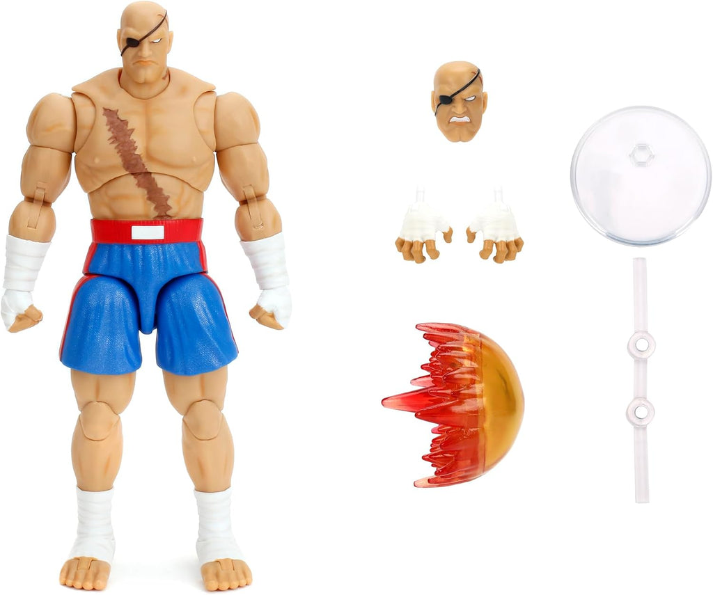 Jada Street Fighter II Sagat Deluxe 1:12 Scale Action Figure - Highly Articulated, Tiger Shot Accessory & Stand, 7.6" Tall | Highly articulated, Tiger Shot accessory and stand