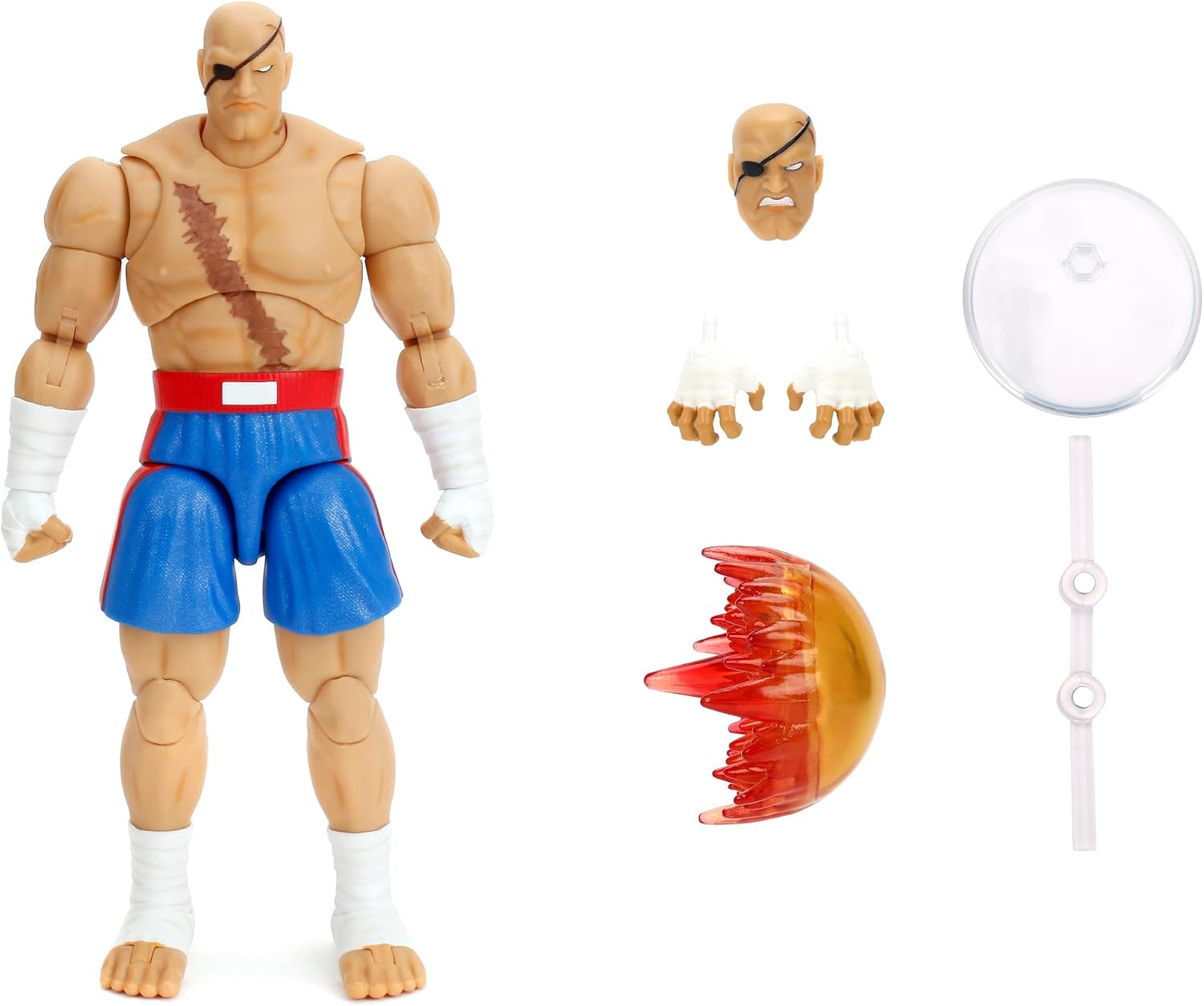 Jada Street Fighter II Sagat Deluxe 1:12 Scale Action Figure - Highly Articulated, Tiger Shot Accessory & Stand, 7.6" Tall | Highly articulated, Tiger Shot accessory and stand