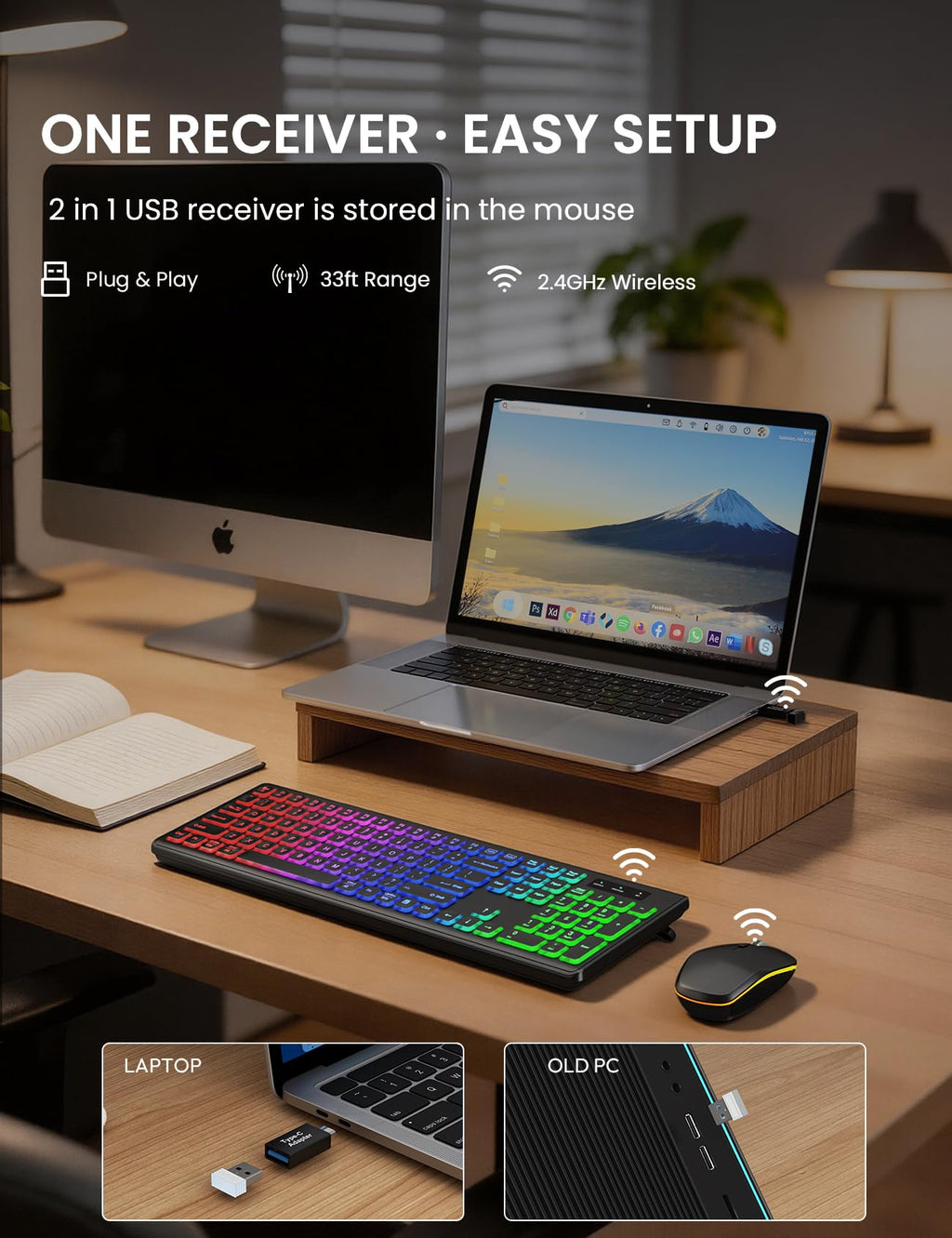 Wireless Keyboard and Mouse Combo, RGB Backlit, Rechargeable & Light Up Letters, Full-Size, Soft Typing, Sleep Mode, 2.4GHz Quiet Keyboard Set for Mac, Windows, Laptop, PC, Trueque KM42Pro (Black) - Flex Gamingproduct_type