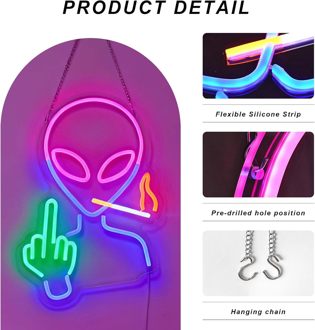 Alien Neon Sign for Wall Decor - Dimmable LED Light | 6.5ft USB Powered Edgy Decor with Hanging Chain - Perfect for Gaming Room, Man Cave & Rebel Decorations, 15.7" x 11.4"