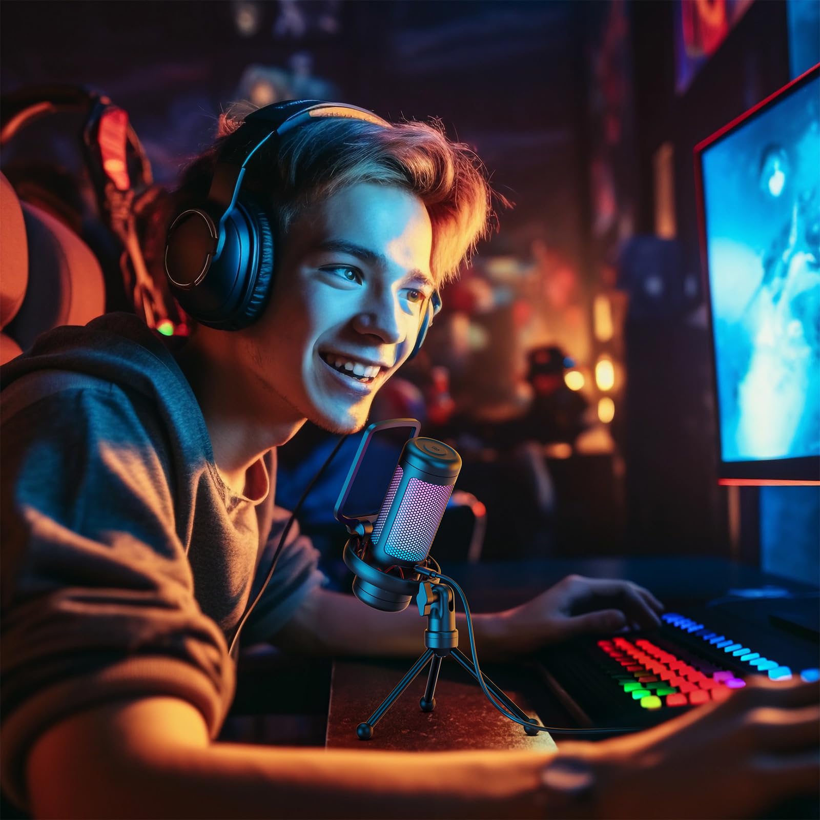 TONOR Gaming Microphone Set with Boom Arm, Vocal Condenser Microphone for PC with Stand, USB Mic with controllable RGB Light, One Tap Mute, Volume Control, for Discord, Twitch Streaming, TC310+ - Flex Gamingproduct_type
