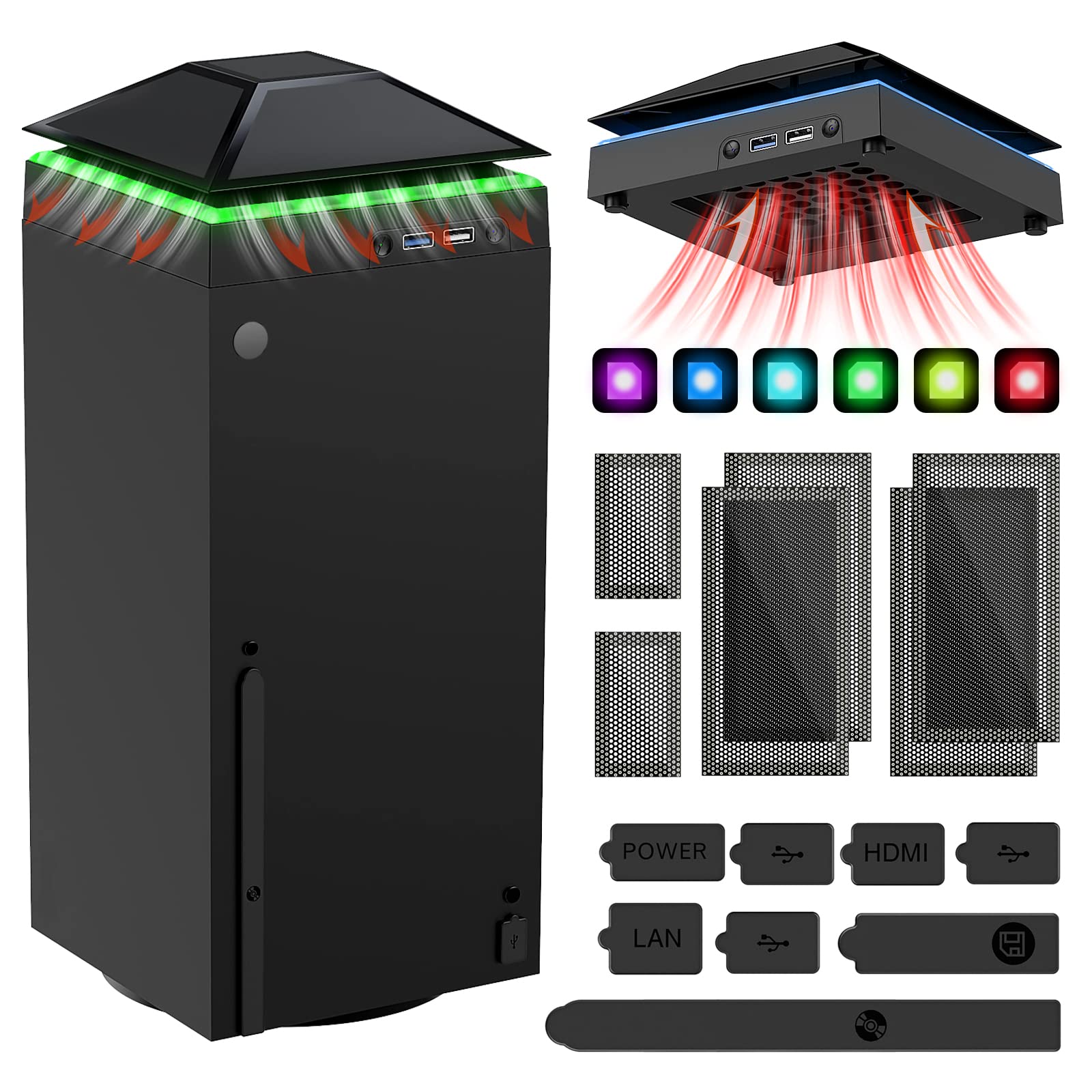 MENEEA Cooling Fan Dust Proof for Xbox Series X Console with Colorful Light Strip,Dust Cover Filter,Rubber Dust Plugs,Low Noise Top Fan with 3 Gears,Cooler&Light Independent Touch Switch, 2 USB Port - Flex Gamingproduct_type