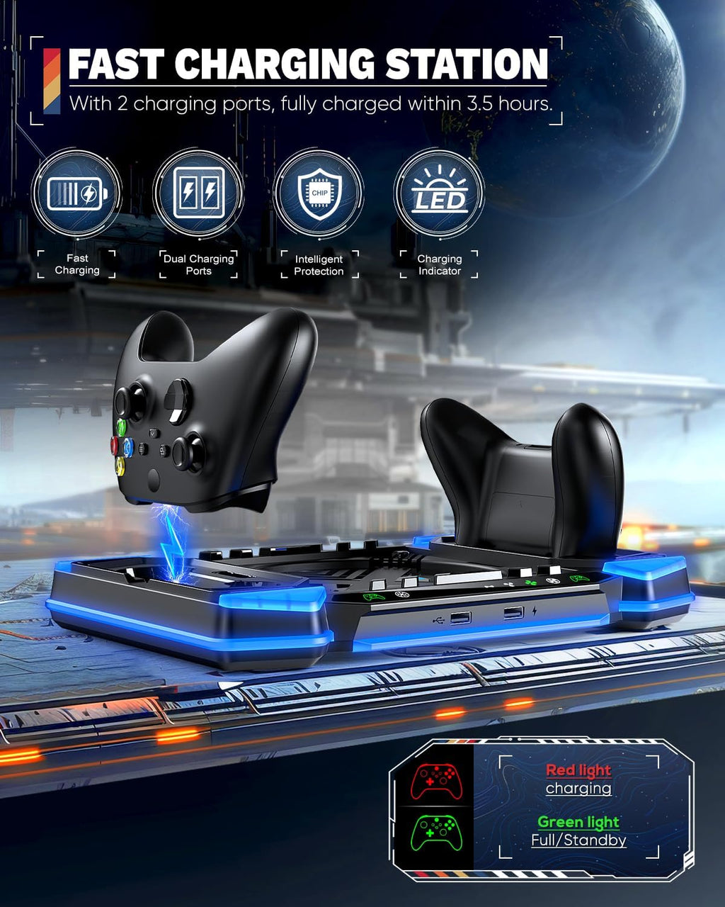 Top Auto Cooling Fan & Charge Stand for Xbox Series X Console with 11 Light Modes, Accessories Controller Wireless Charger Dock, 2*1400mAh Rechargeable Batteries, Headset Stand & Game Disc Storage - Flex Gamingproduct_type