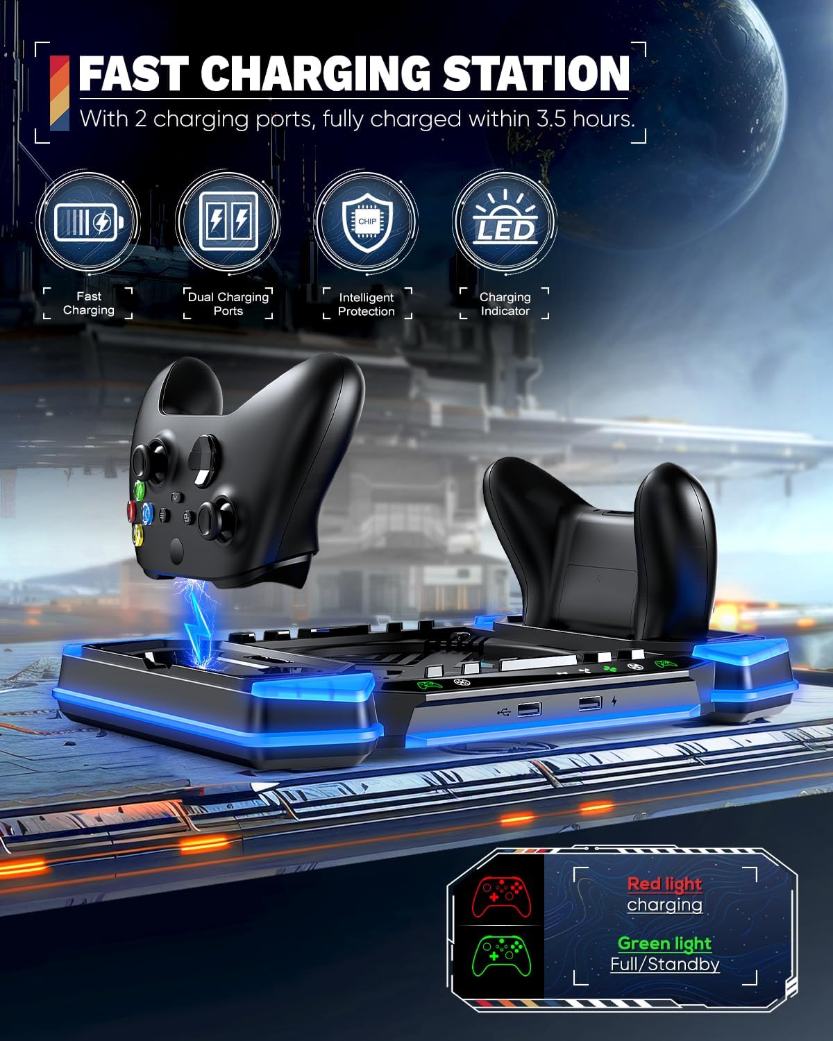 Top Auto Cooling Fan & Charge Stand for Xbox Series X Console with 11 Light Modes, Accessories Controller Wireless Charger Dock, 2*1400mAh Rechargeable Batteries, Headset Stand & Game Disc Storage - Flex Gamingproduct_type