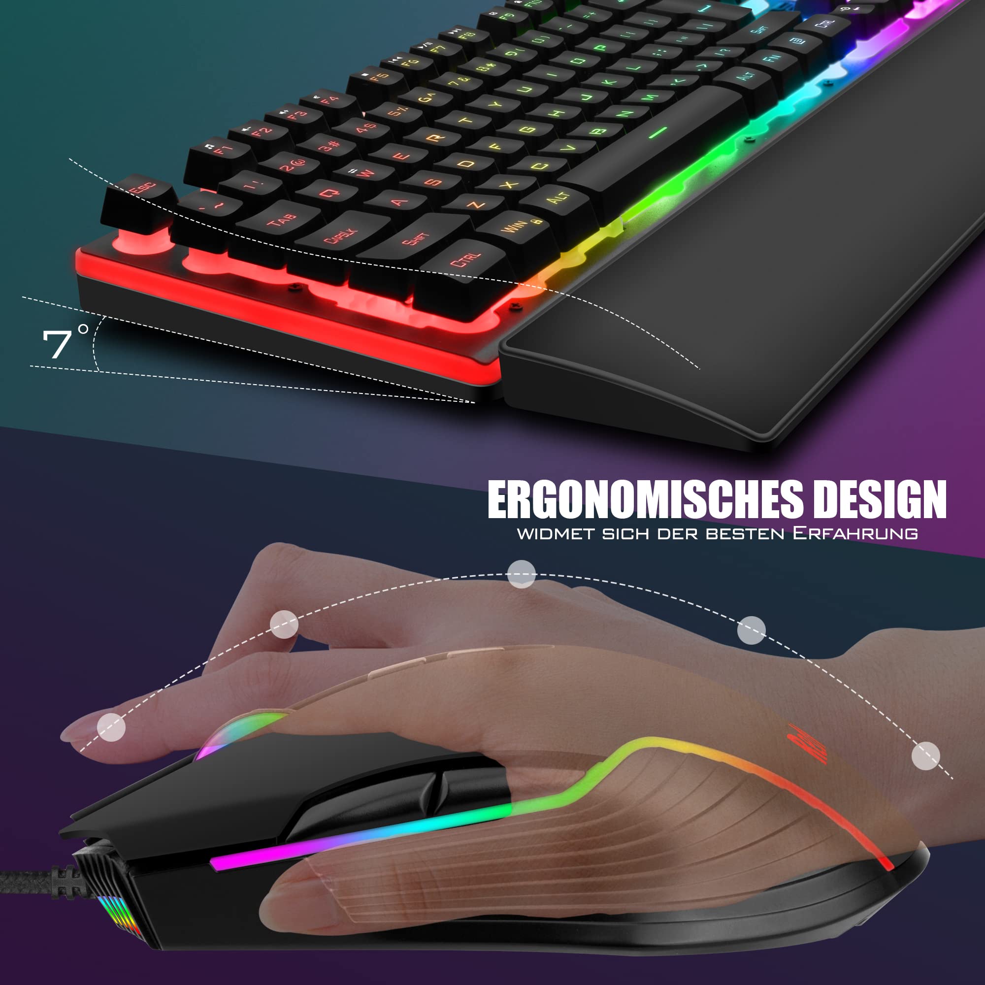 RedThunder K10 Wired Gaming Keyboard and Mouse and Wrist Rest Combo, RGB Backlit, Mechanical Feel Anti-ghosting Keyboard + 7D 7200 DPI Mice+Soft Leather Wrist Rest 3 in 1 PC Gamer Accessories(Black) - Flex Gamingproduct_type