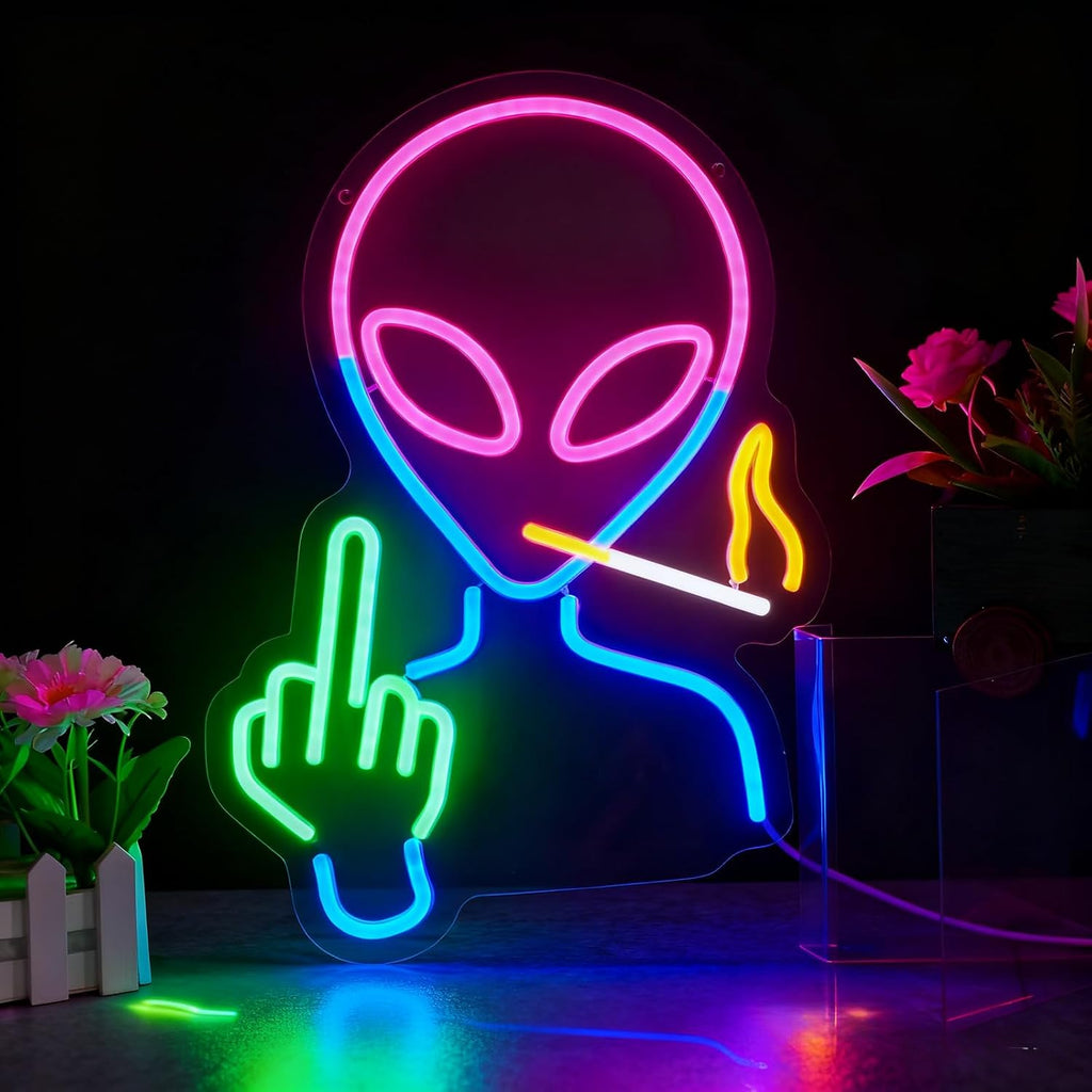 Alien Neon Sign for Wall Decor - Dimmable LED Light | 6.5ft USB Powered Edgy Decor with Hanging Chain - Perfect for Gaming Room, Man Cave & Rebel Decorations, 15.7" x 11.4"