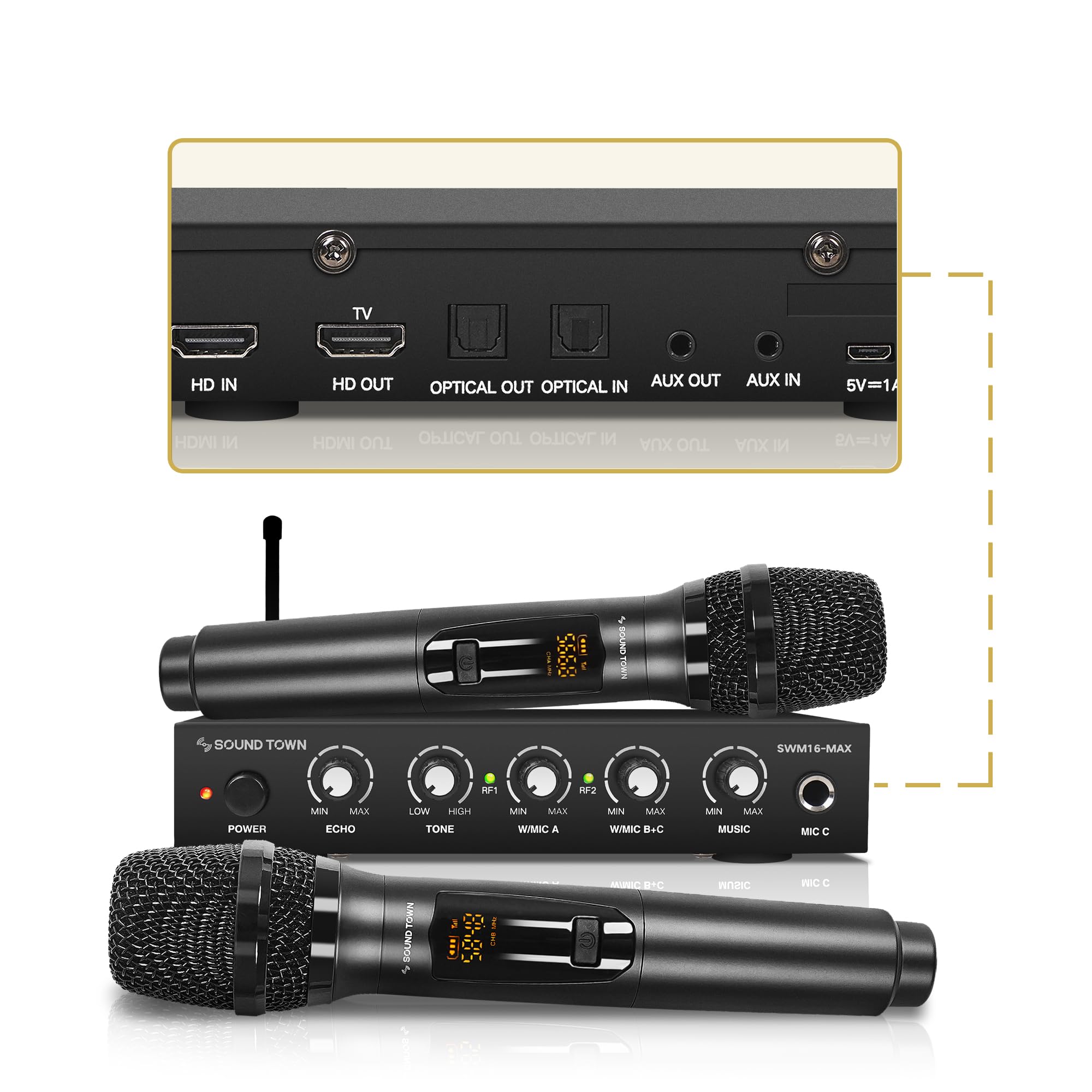 Sound Town Wireless Microphone Karaoke Mixer System with HD Audio Return Channel, Optical (Toslink), AUX, Supports Smart TV, Media Box, PC, Bluetooth, Soundbar, Receiver (SWM16-MAX) - Flex Gamingproduct_type