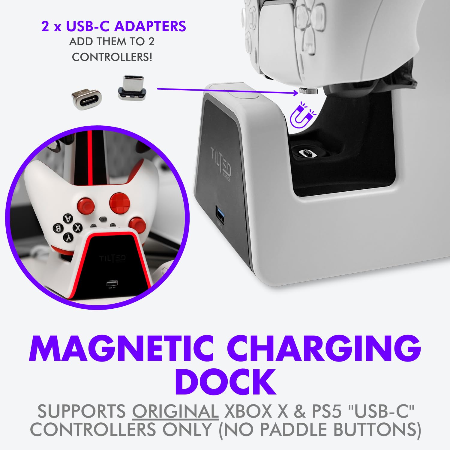 Tilted Nation 3 in 1 Gaming Headset and Controller Stand for PS5 and Xbox Series X Charging Station - Game Controller Holder and Headphone Stand for Desk with PlayStation and Xbox Magnetic Charger - Flex Gamingproduct_type
