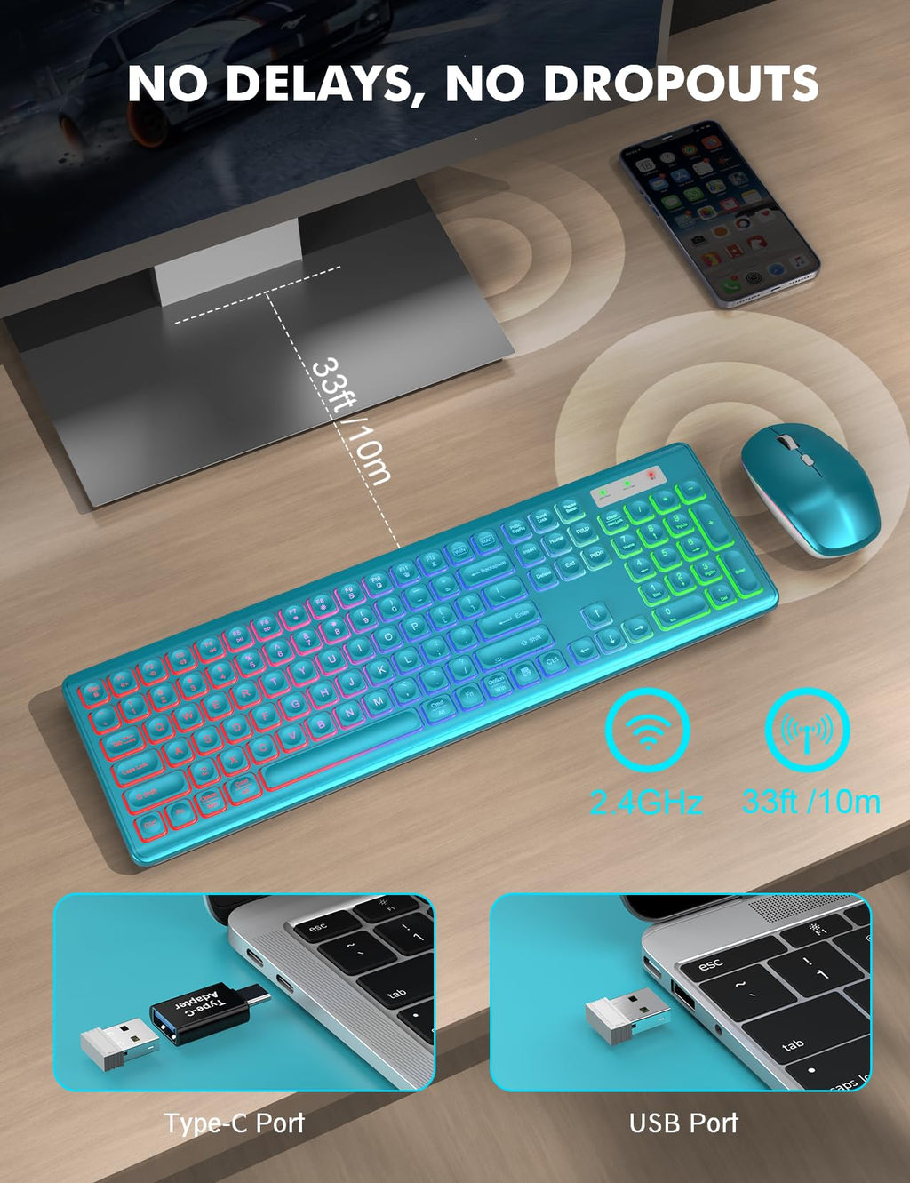 Wireless Keyboard and Mouse Combo, RGB Backlit, Rechargeable & Light Up Letters, Full-Size, Soft Typing, Sleep Mode, 2.4GHz Quiet Keyboard Set for Mac, Windows, Laptop, PC, Trueque KM42Pro (Black) - Flex Gamingproduct_type