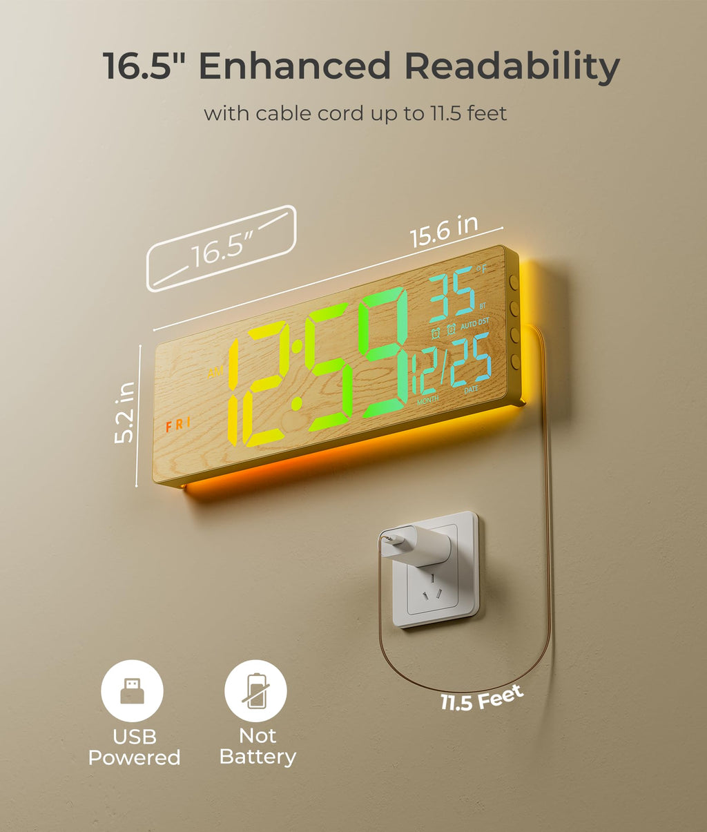 EASYERA 16.5" Large Digital Wall Clock with BT Sync, RGB Lights with 11 Scenes Mode Remote Control, Dual Alarms with Big LED Display, Auto DST, Temperature for Classroom Gaming - Flex Gamingproduct_type