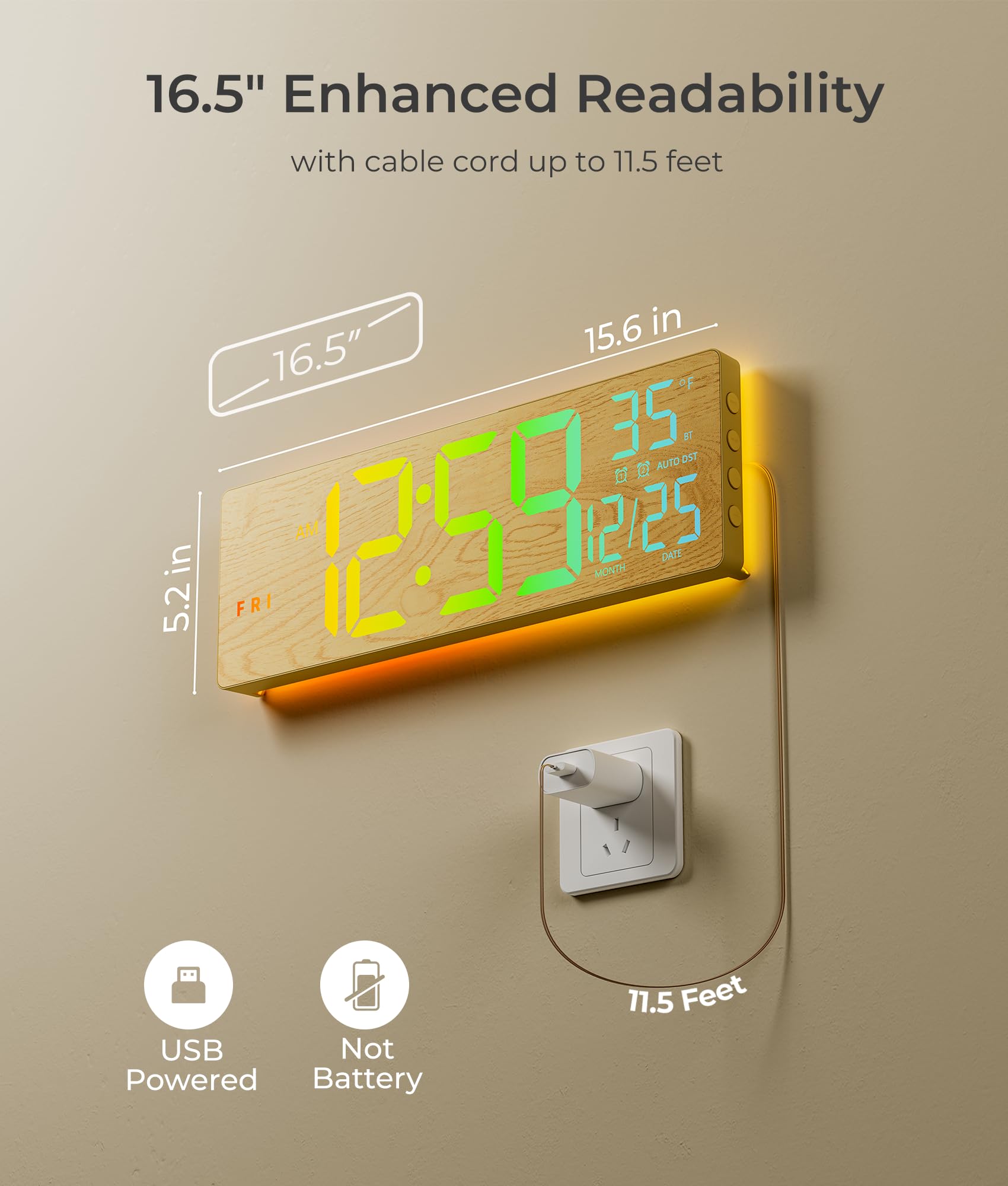 EASYERA 16.5" Large Digital Wall Clock with BT Sync, RGB Lights with 11 Scenes Mode Remote Control, Dual Alarms with Big LED Display, Auto DST, Temperature for Classroom Gaming - Flex Gamingproduct_type