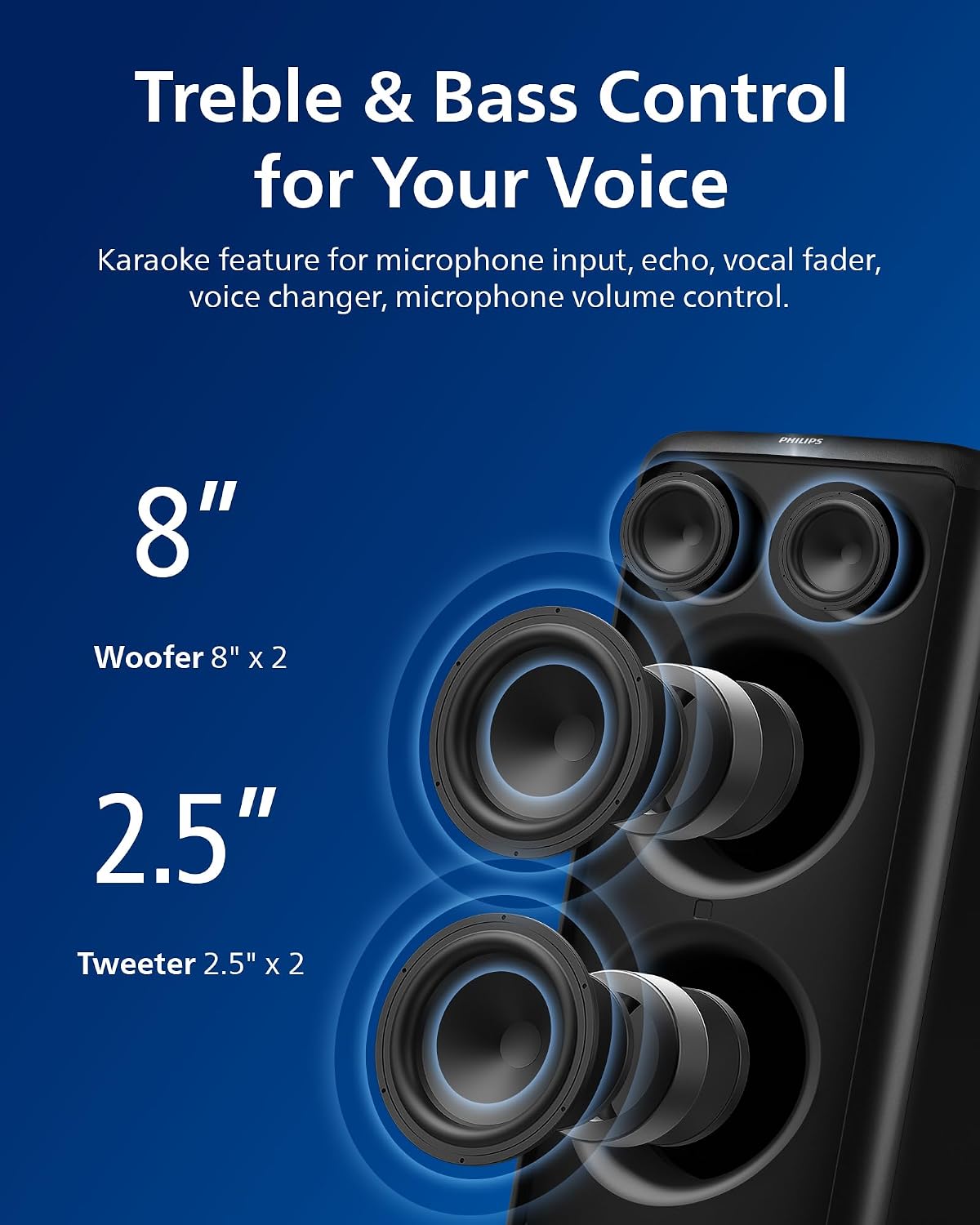Philips X5206 Bluetooth Party Speaker - 14 Hours Play Time, Deep Bass, Party Lights, Karaoke Effects, Mic & Guitar Input, 80W Max Power, Black