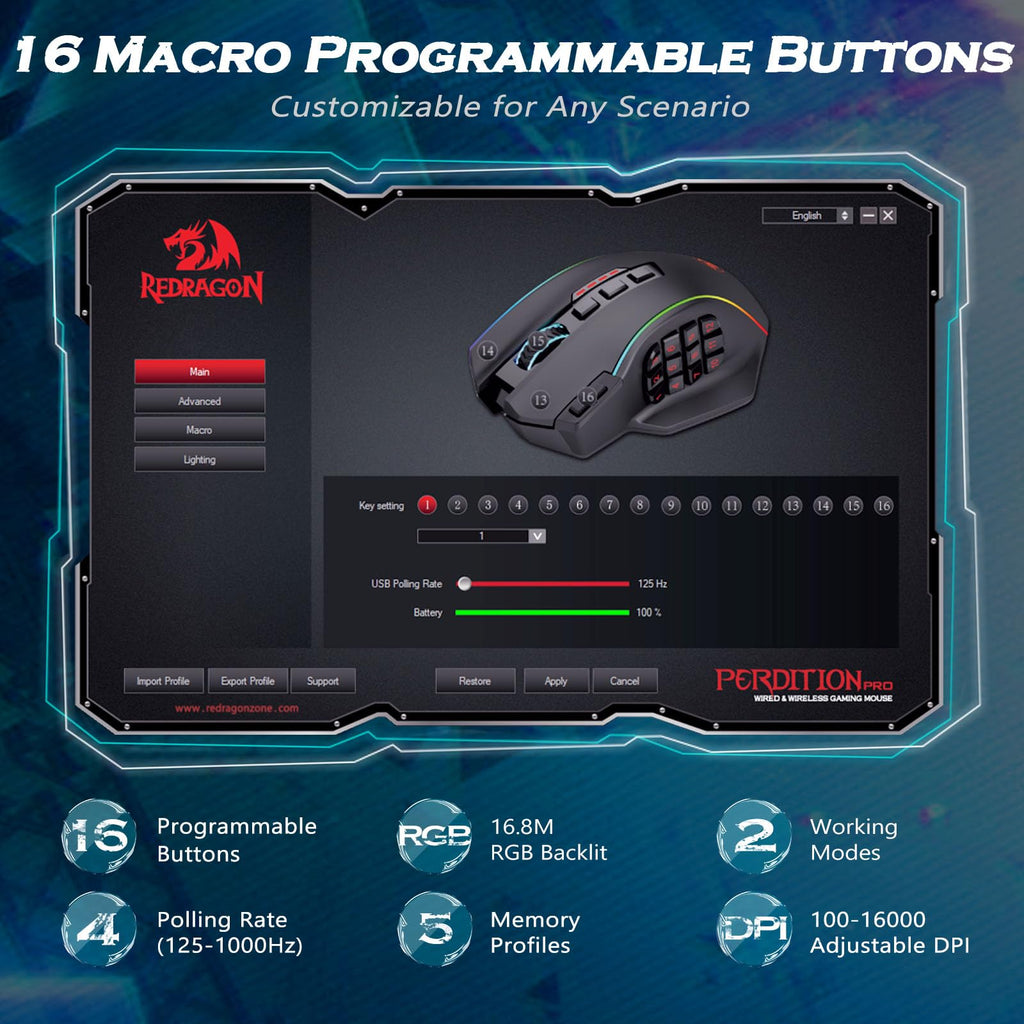 Redragon Gaming Mouse, MMO Mouse Gaming UP 12400 DPI, 19 Macro Programmable Buttons, RGB Mouse with 12 Side Buttons, 8 * 2.4g Weight Tuning for PC Laptop MOBA FPS, M901K, Black - Flex Gamingproduct_type