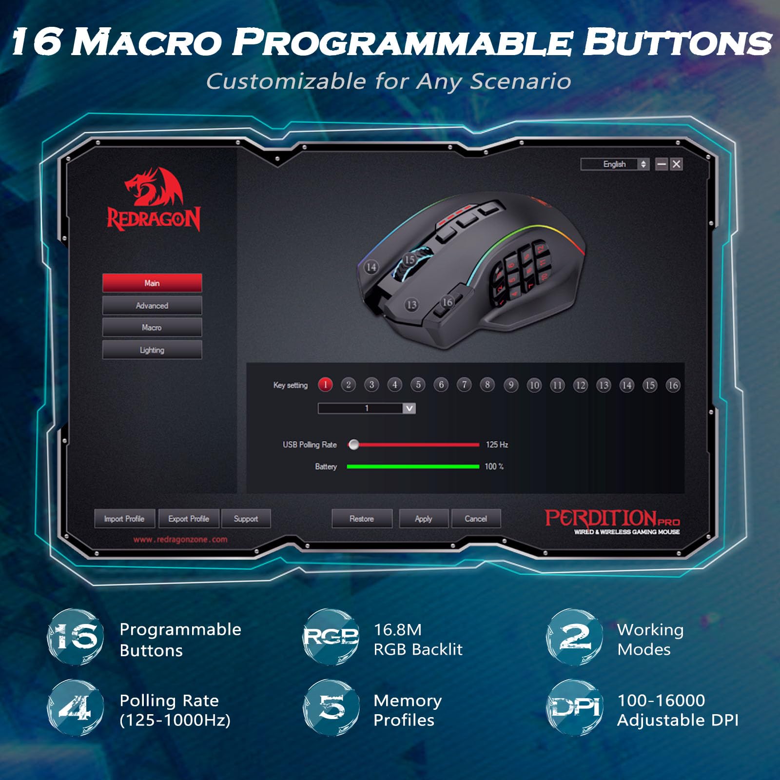 Redragon Gaming Mouse, MMO Mouse Gaming UP 12400 DPI, 19 Macro Programmable Buttons, RGB Mouse with 12 Side Buttons, 8 * 2.4g Weight Tuning for PC Laptop MOBA FPS, M901K, Black - Flex Gamingproduct_type