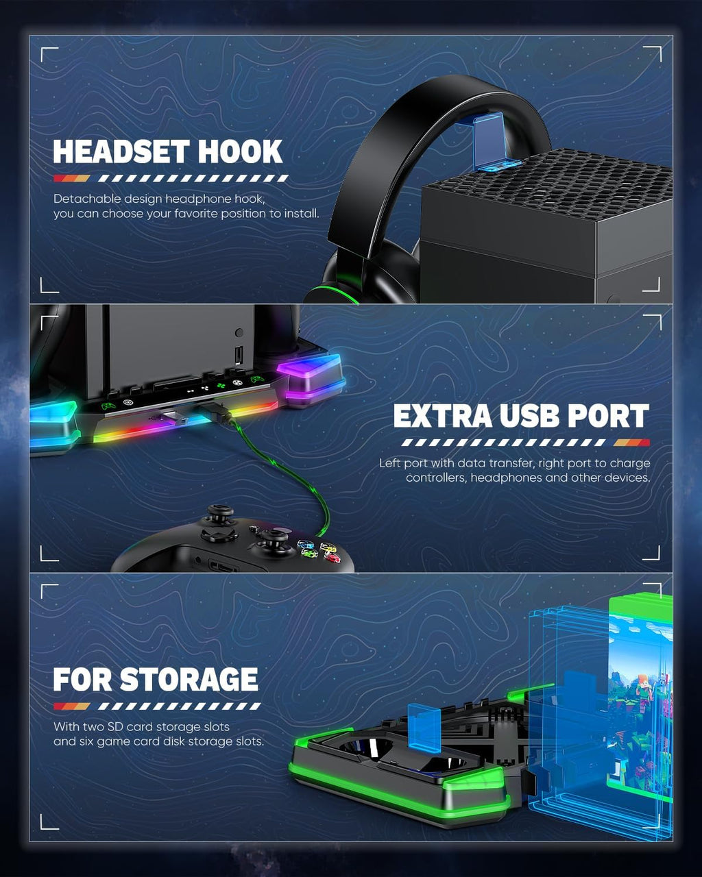 Top Auto Cooling Fan & Charge Stand for Xbox Series X Console with 11 Light Modes, Accessories Controller Wireless Charger Dock, 2*1400mAh Rechargeable Batteries, Headset Stand & Game Disc Storage - Flex Gamingproduct_type