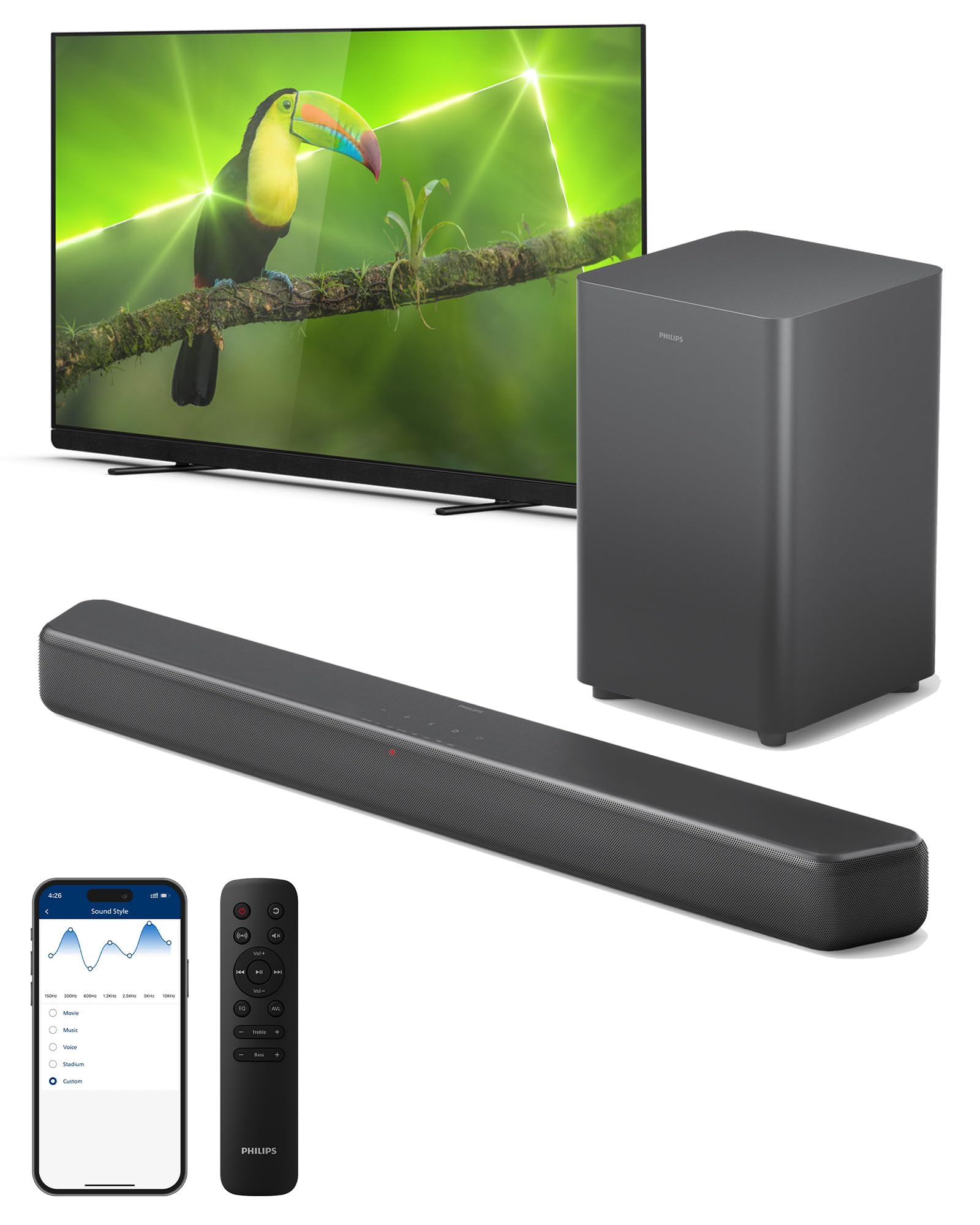 Philips B5309 2.1 Channel Soundbar with Wireless Subwoofer - Bluetooth, HDMI ARC, DTS Virtual:X, 240W Max Power, Dark Grey - Flex Gamingproduct_type