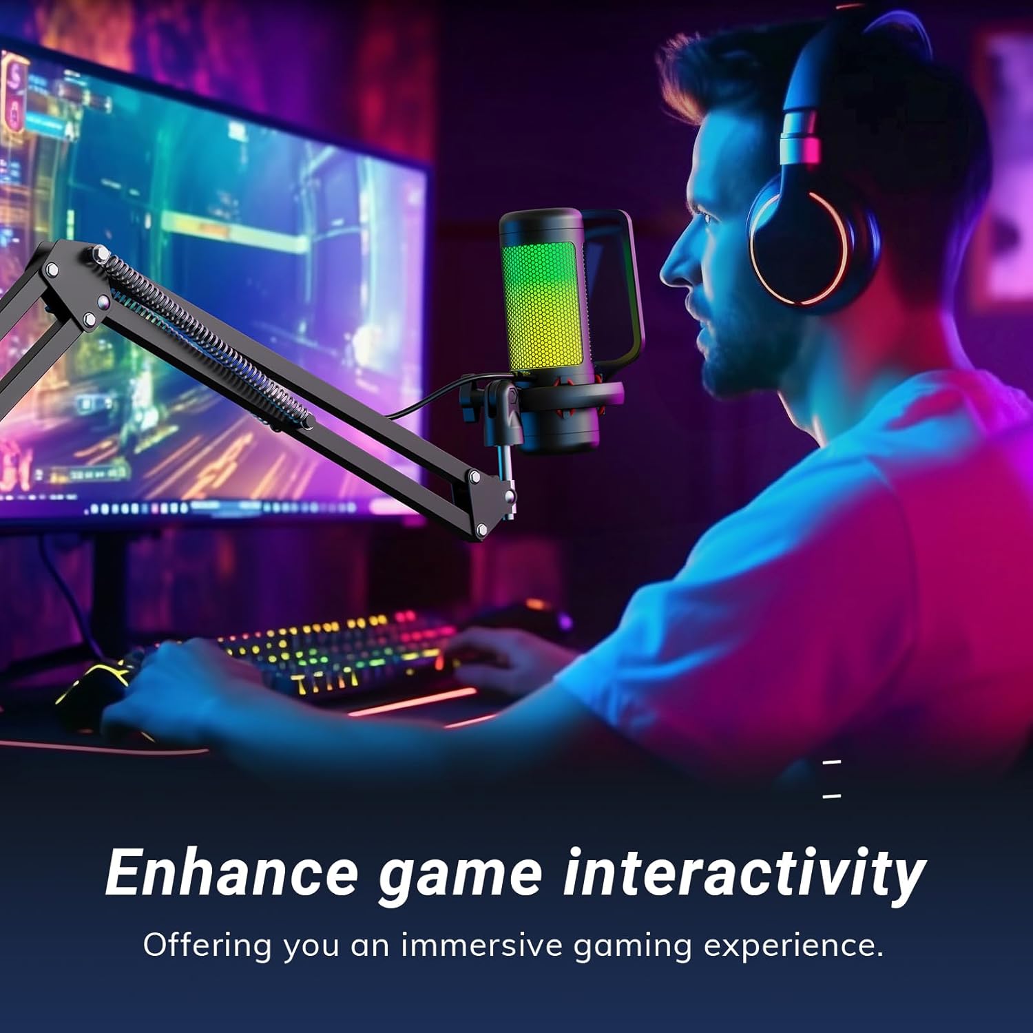 TONOR Gaming Microphone Set with Boom Arm, Vocal Condenser Microphone for Content Creators, USB Mic for PC with Stand, RGB, Tap Mute, Gain Control, Gaming Equipemnt, Twitch, Streaming, TC310+ | Boom Arm Set, USB Mic with Controllable Light, One Tap Mute,