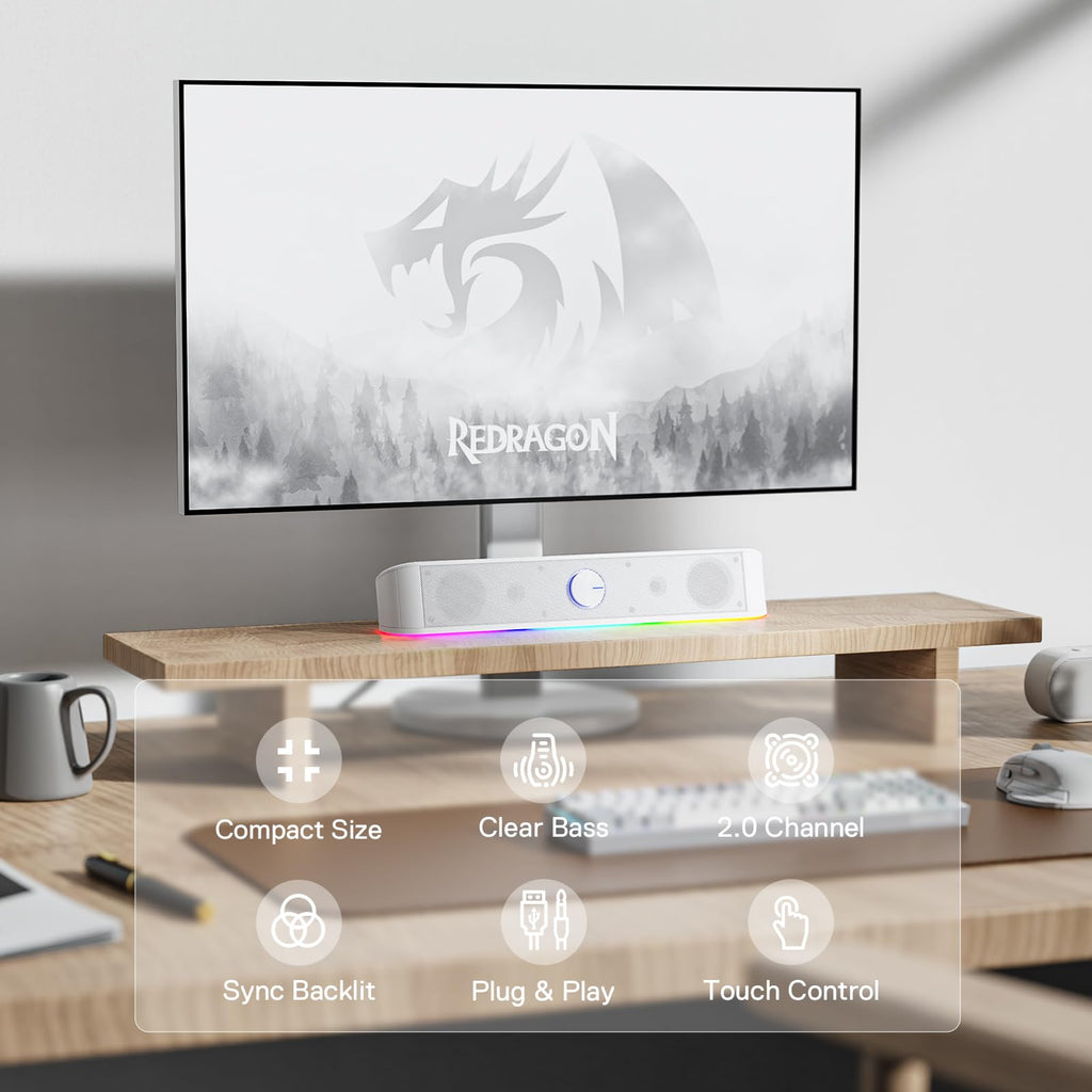 Redragon GS560 RGB Desktop Soundbar, 2.0 Channel Computer Speaker with Dynamic Lighting Bar Audio-Light Sync/Display, Touch-Control Backlit with Volume Knob, USB Powered w/ 3.5mm Cable, Black - Flex Gamingproduct_type