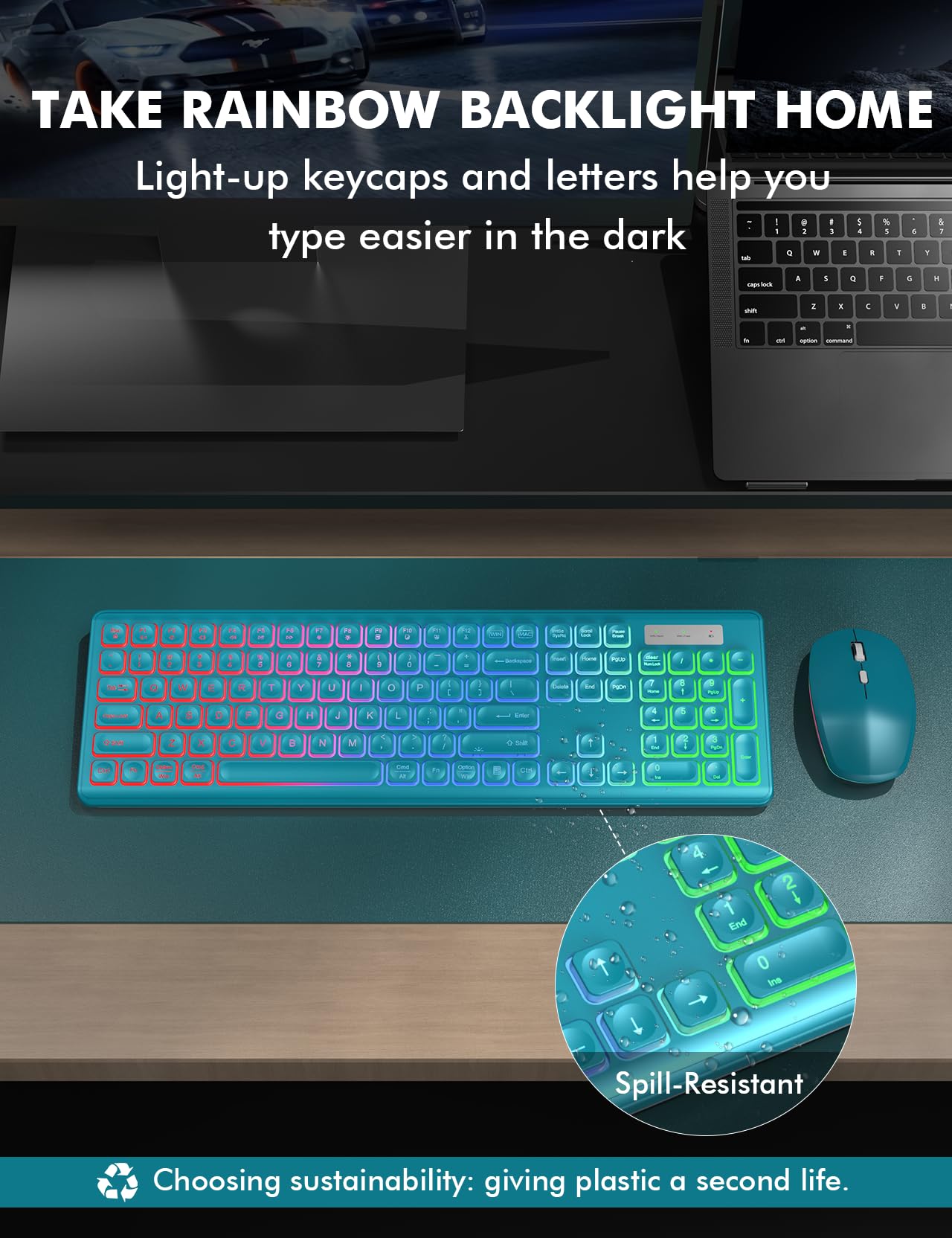 Wireless Keyboard and Mouse Combo, RGB Backlit, Rechargeable & Light Up Letters, Full-Size, Soft Typing, Sleep Mode, 2.4GHz Quiet Keyboard Set for Mac, Windows, Laptop, PC, Trueque KM42Pro (Black) - Flex Gamingproduct_type